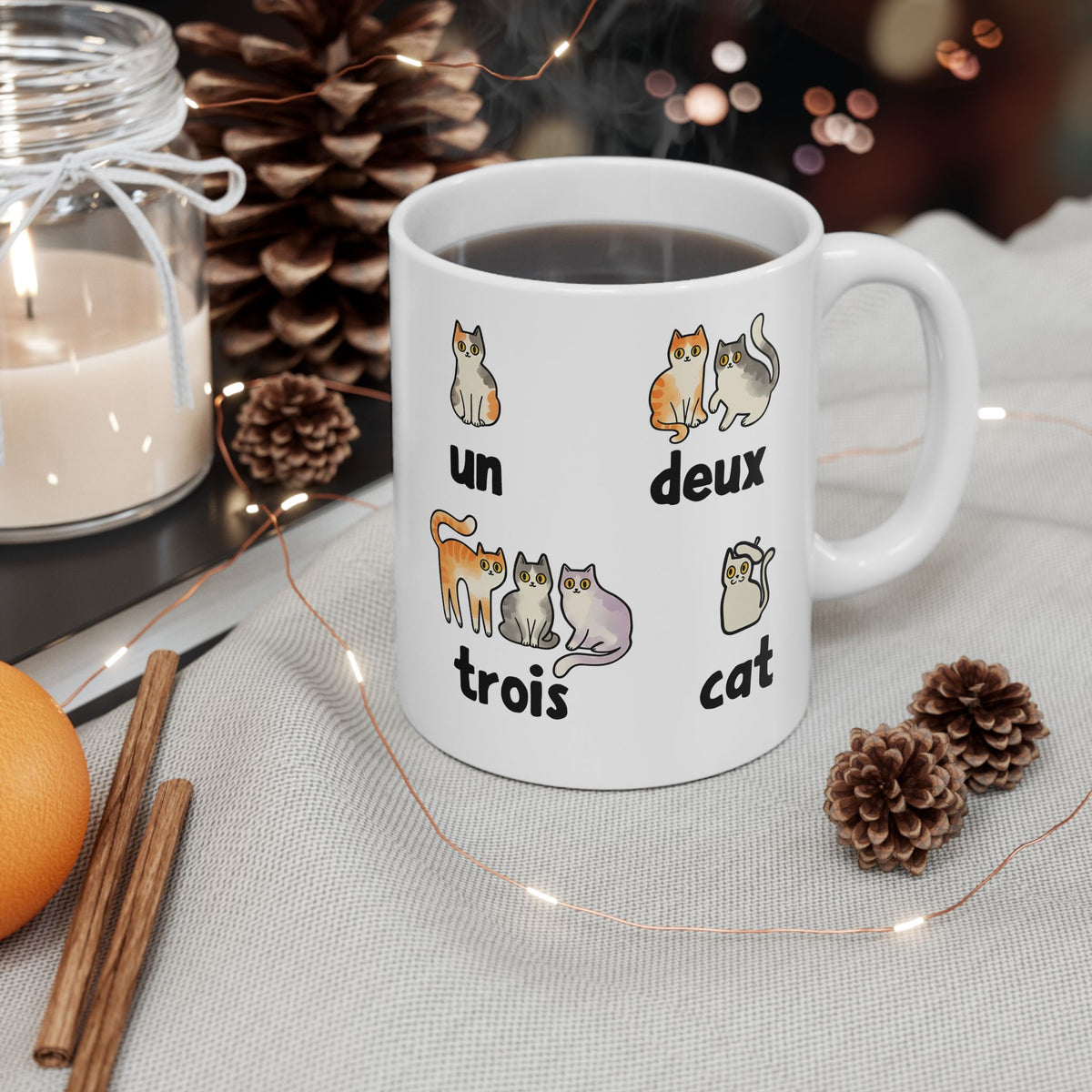 Un Deux Trois Cat Ceramic Mug — Cute French Cat Graphic Mug