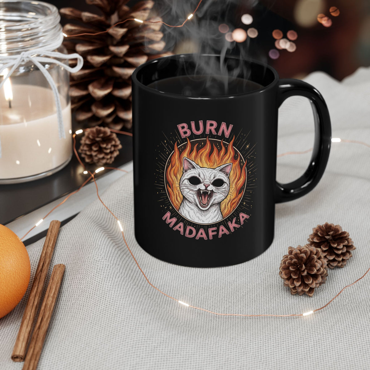 Burn Madafaka Cat Black Mug — Edgy Hellfire Feline Graphic Mug