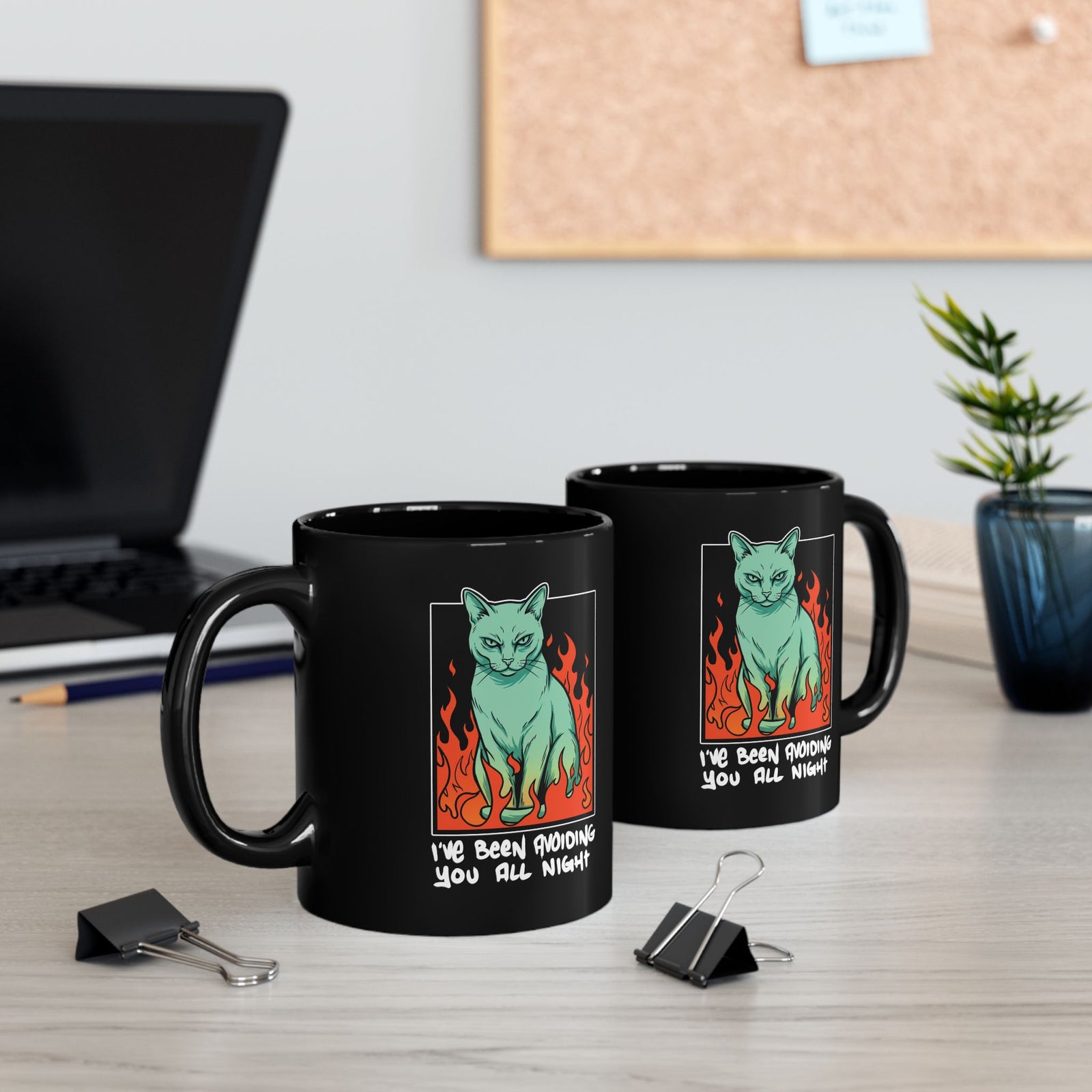 I've Been Avoiding You All Night Black Mug — Funny Introvert Cat Flames Mug