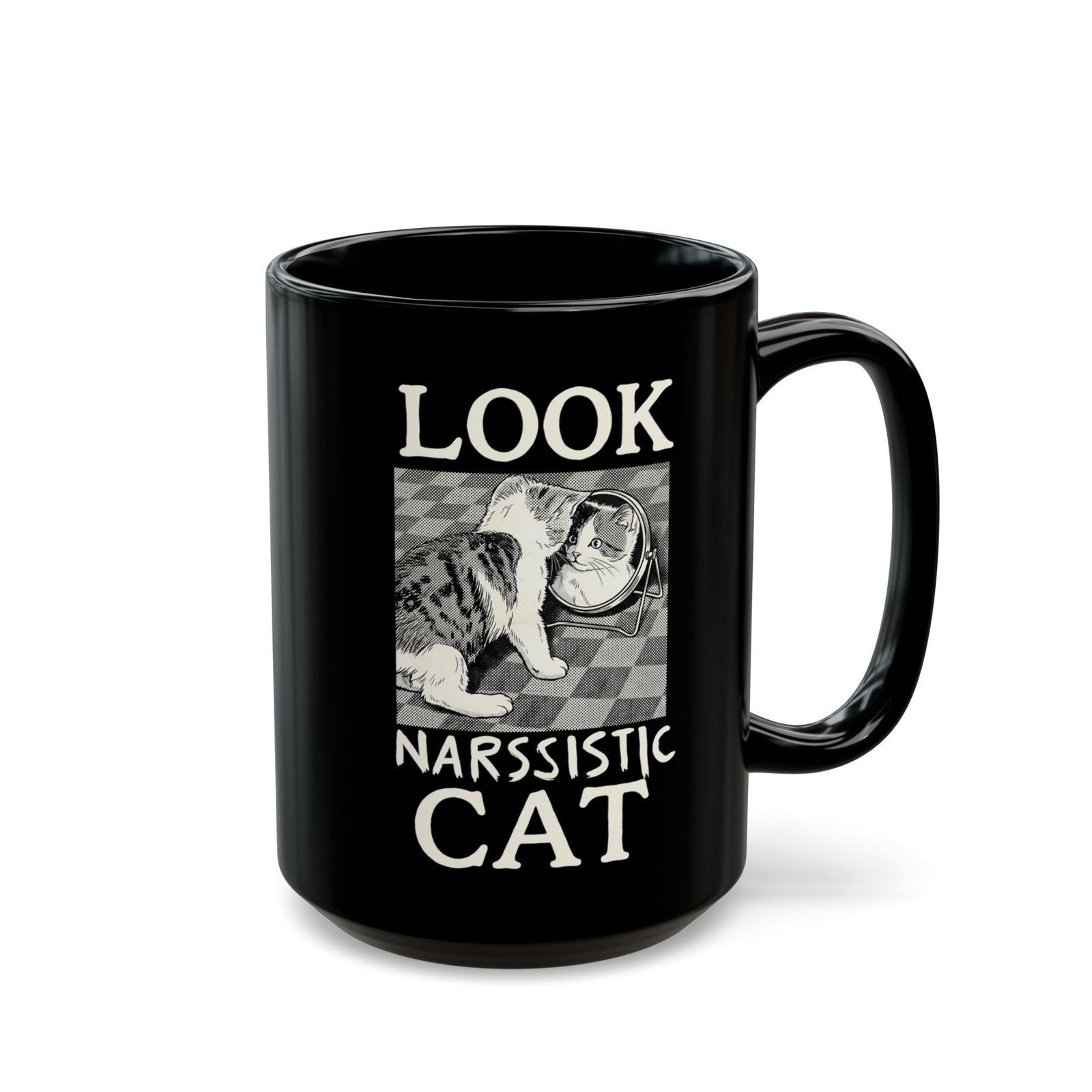 Look Narssistic Cat Black Mug — Funny Mirror Reflection Tabby Mug