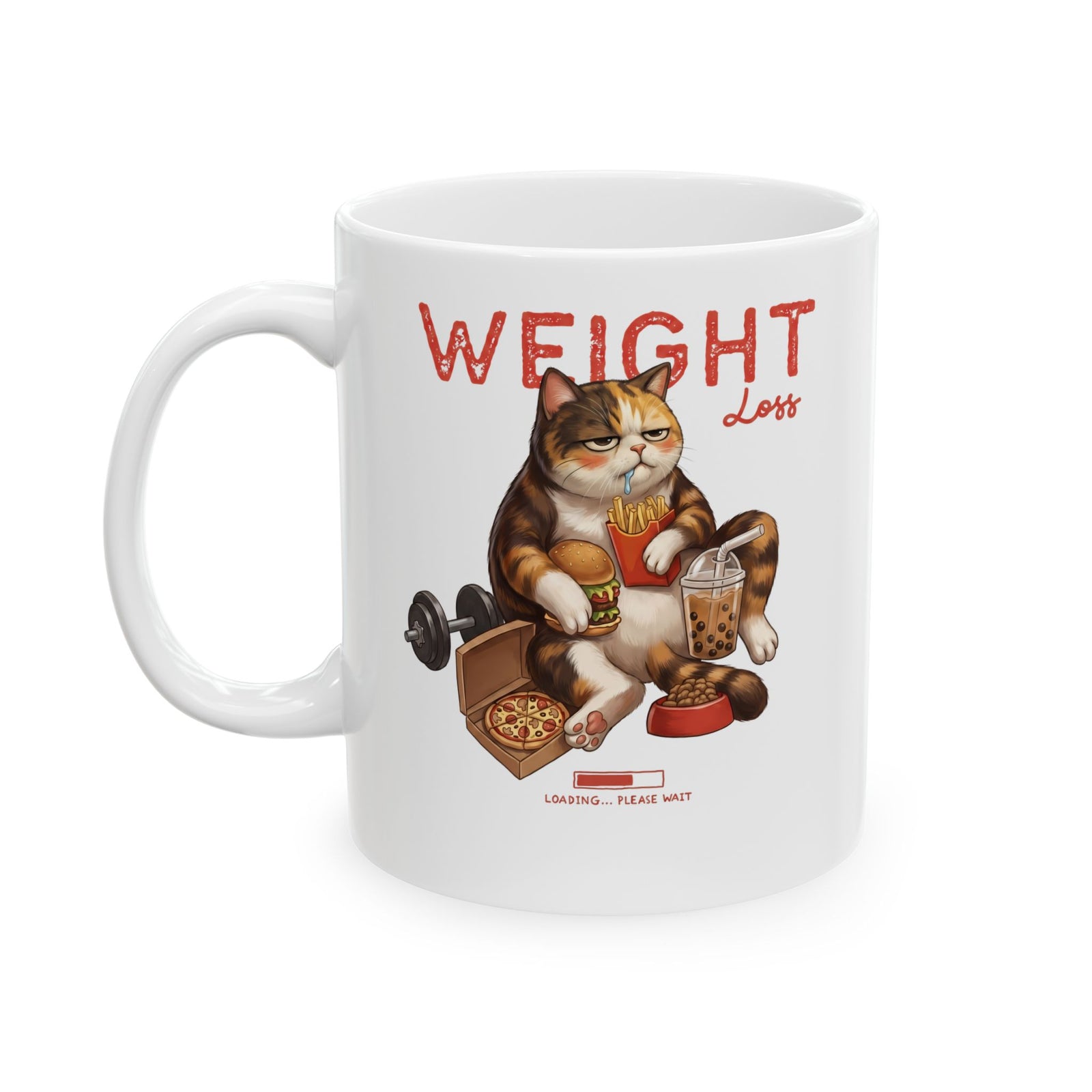 Weight Loss Loading Funny Cat Ceramic Mug — Chubby Calico Junk Food Mug