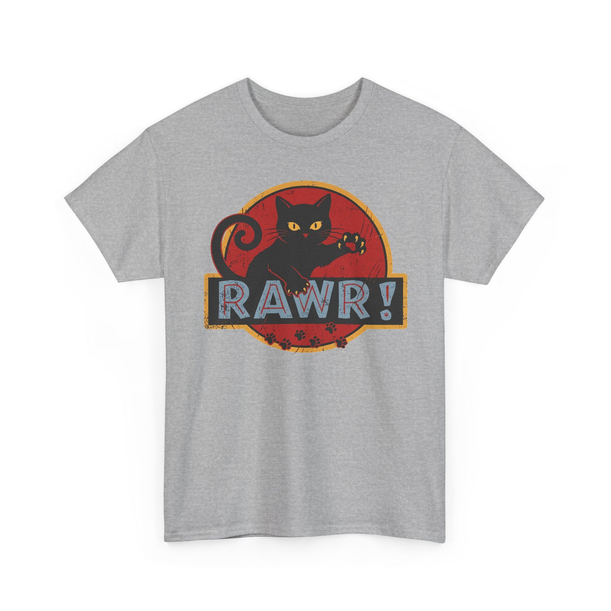 RAWR! Black Cat Graphic Tee — Vintage Dino Logo Parody T-Shirt