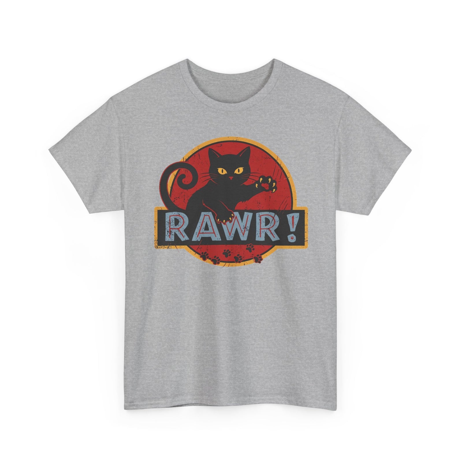 RAWR! Black Cat Graphic Tee — Vintage Dino Logo Parody T-Shirt