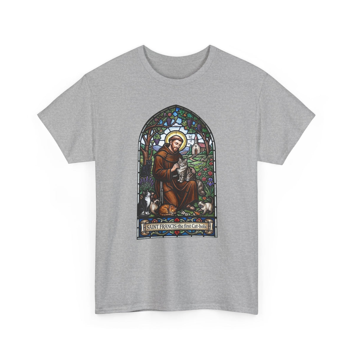 Saint Francis Cat T-Shirt — "SAINT FRANCIS — the first Cat-holic"