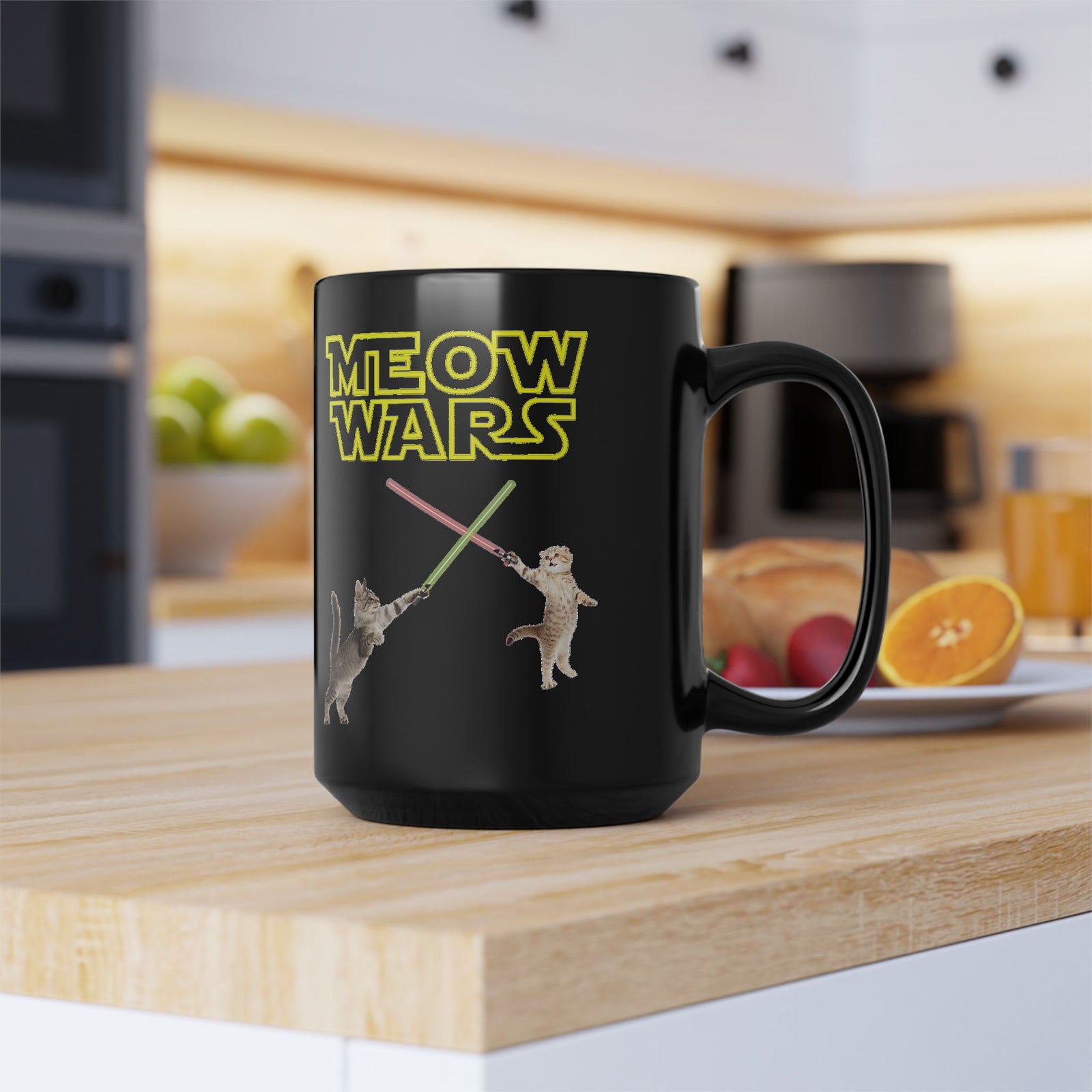Meow Wars Black Mug — Funny Cat Lightsaber Mug