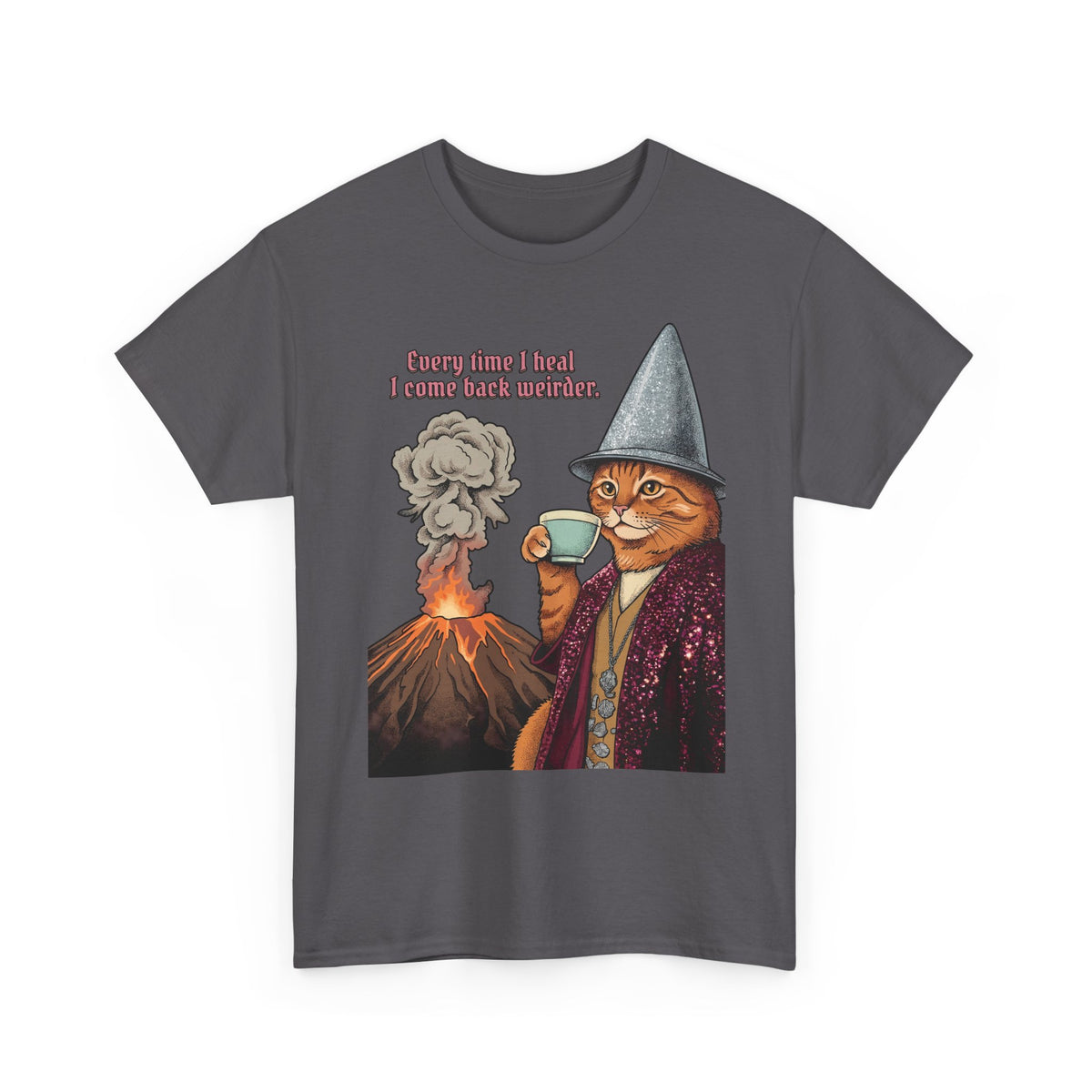Weird Healing Journey Cat T-Shirt — Retro Feline Tea Time Aesthetic Shirt