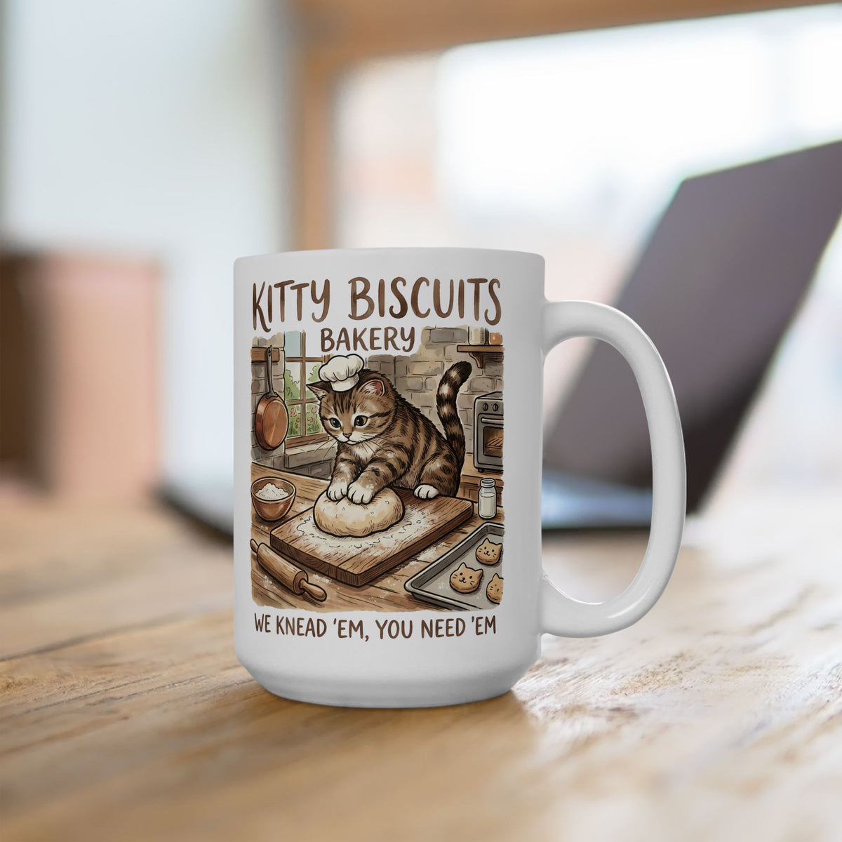 Kitty Biscuits Bakery Ceramic Mug — "We Knead 'Em We Need 'Em" Cat Bakery Mug