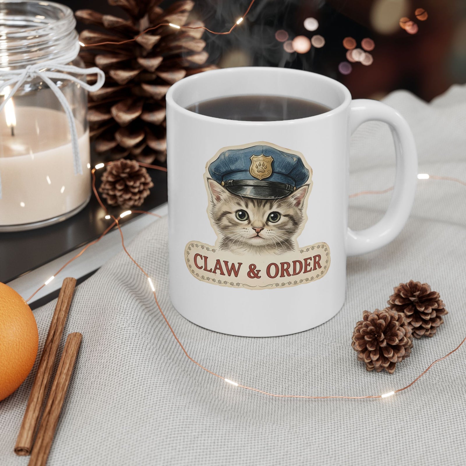 Claw and Order Cat Ceramic Mug — Funny Cat Crime Pun Mug