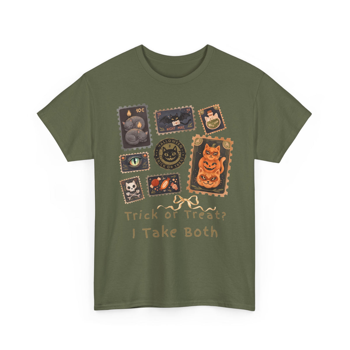 Vintage Halloween Postage Stamp Cats Shirt — Trick Or Treat I Take Both T-Shirt