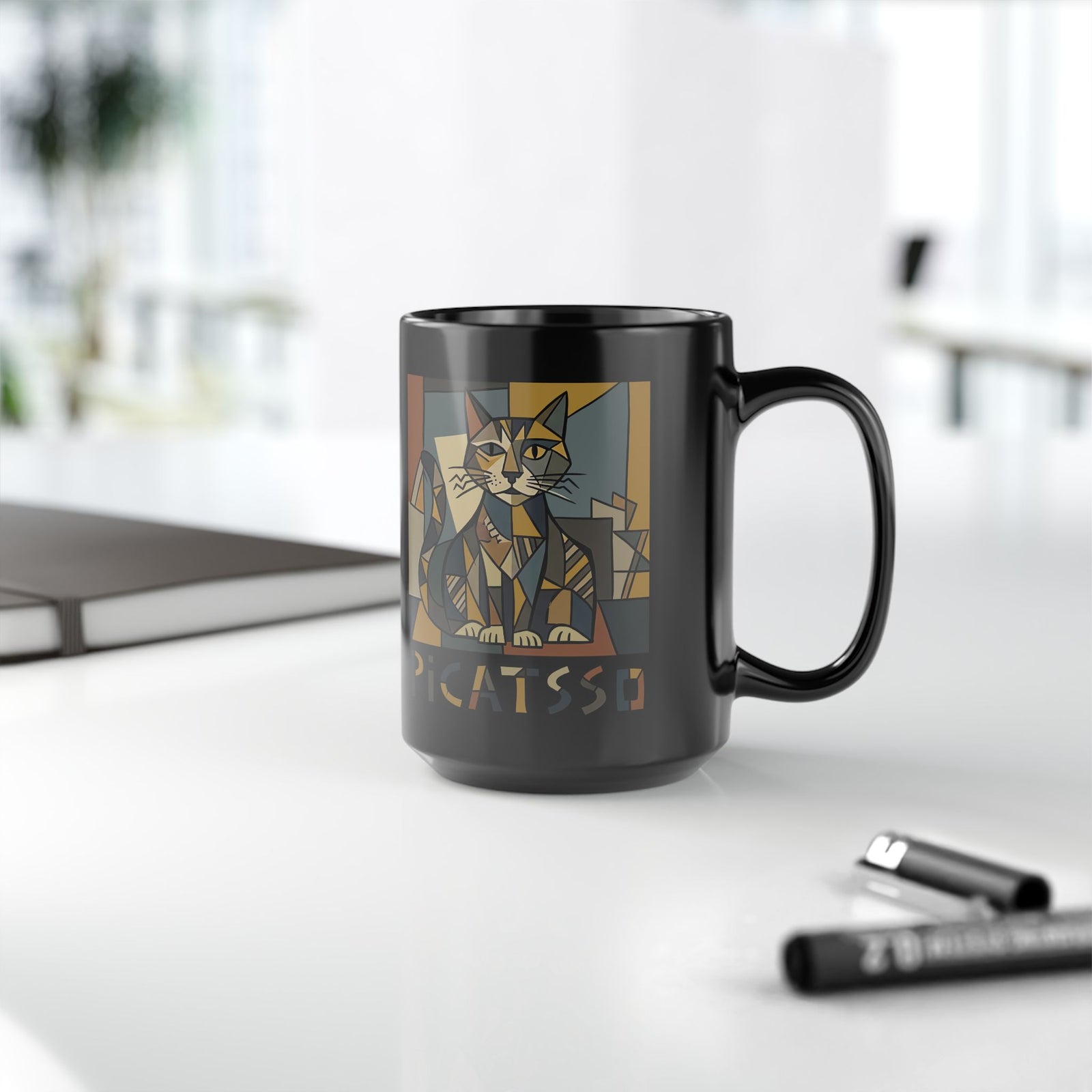 Picatsso Cat Art Black Mug — Playful Cat Picasso Design