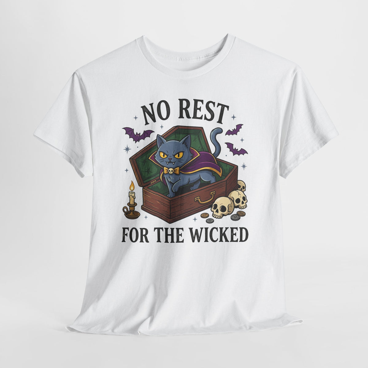 No Rest For The Wicked Cat Tee — Halloween Cat Coffin Graphic T-Shirt