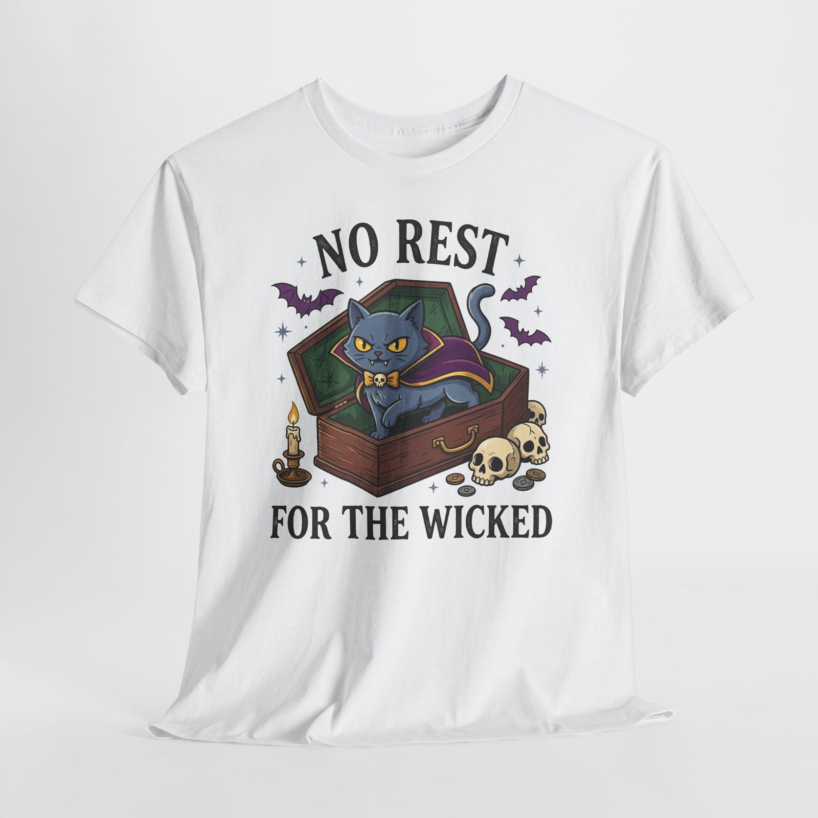 No Rest For The Wicked Cat Tee — Halloween Cat Coffin Graphic T-Shirt