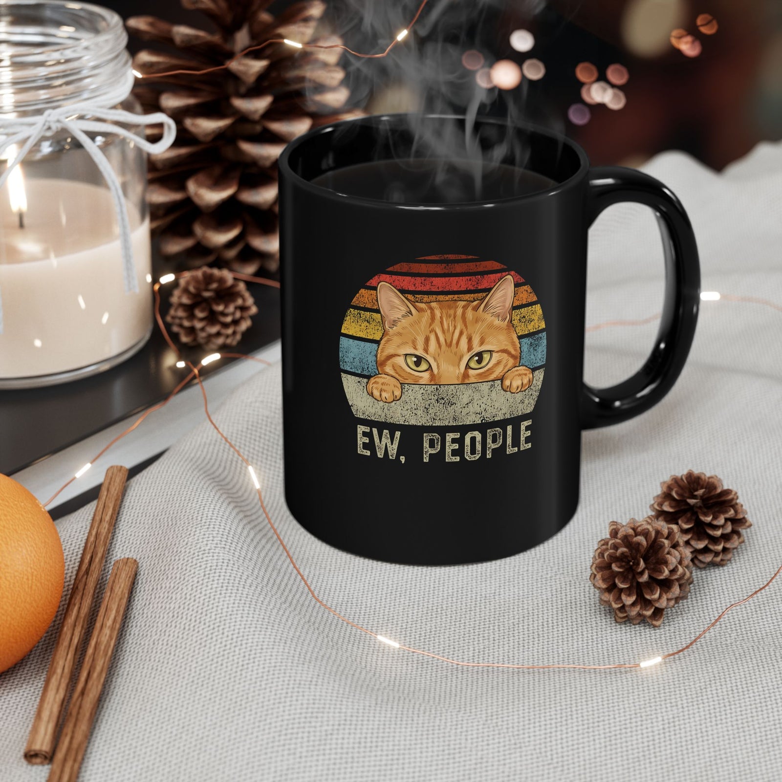 Ew People Orange Cat Black Mug — Funny Retro Sunset Introvert Graphic Mug