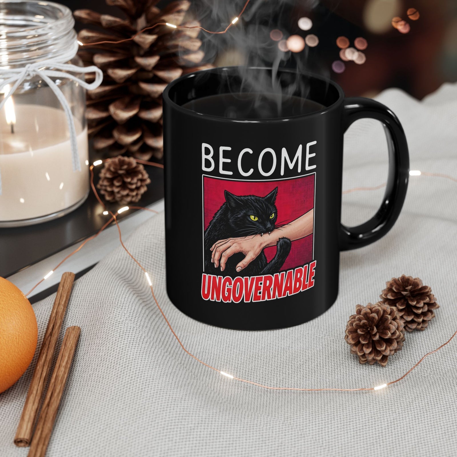 Become Ungovernable Black Cat Black Mug — Funny Rebel Feline Biting Arm Mug