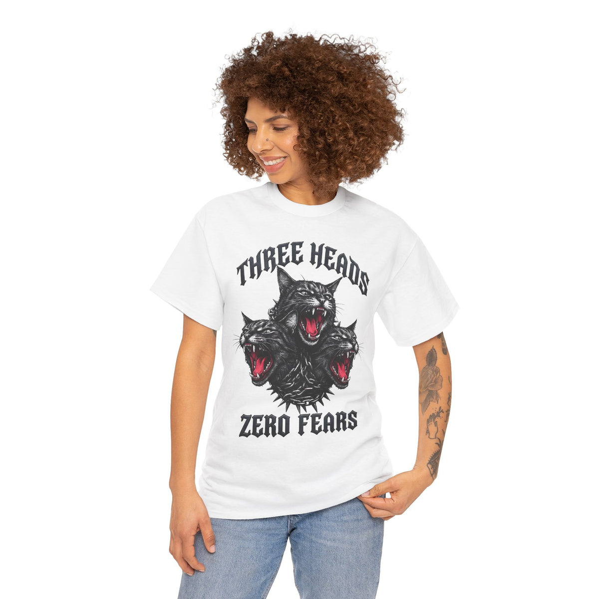 Three Heads Zero Fears Cerberus Cat Shirt — Gothic Metal Feline T-Shirt