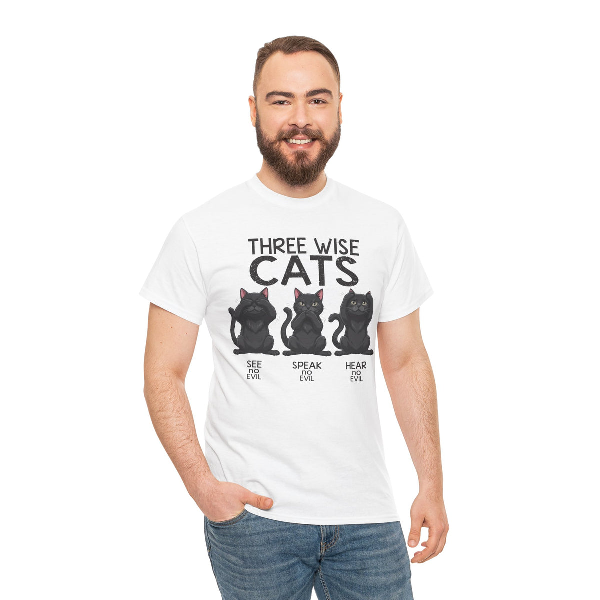 Three Wise Cats T-Shirt — See Speak Hear No Evil Black Cat Graphic