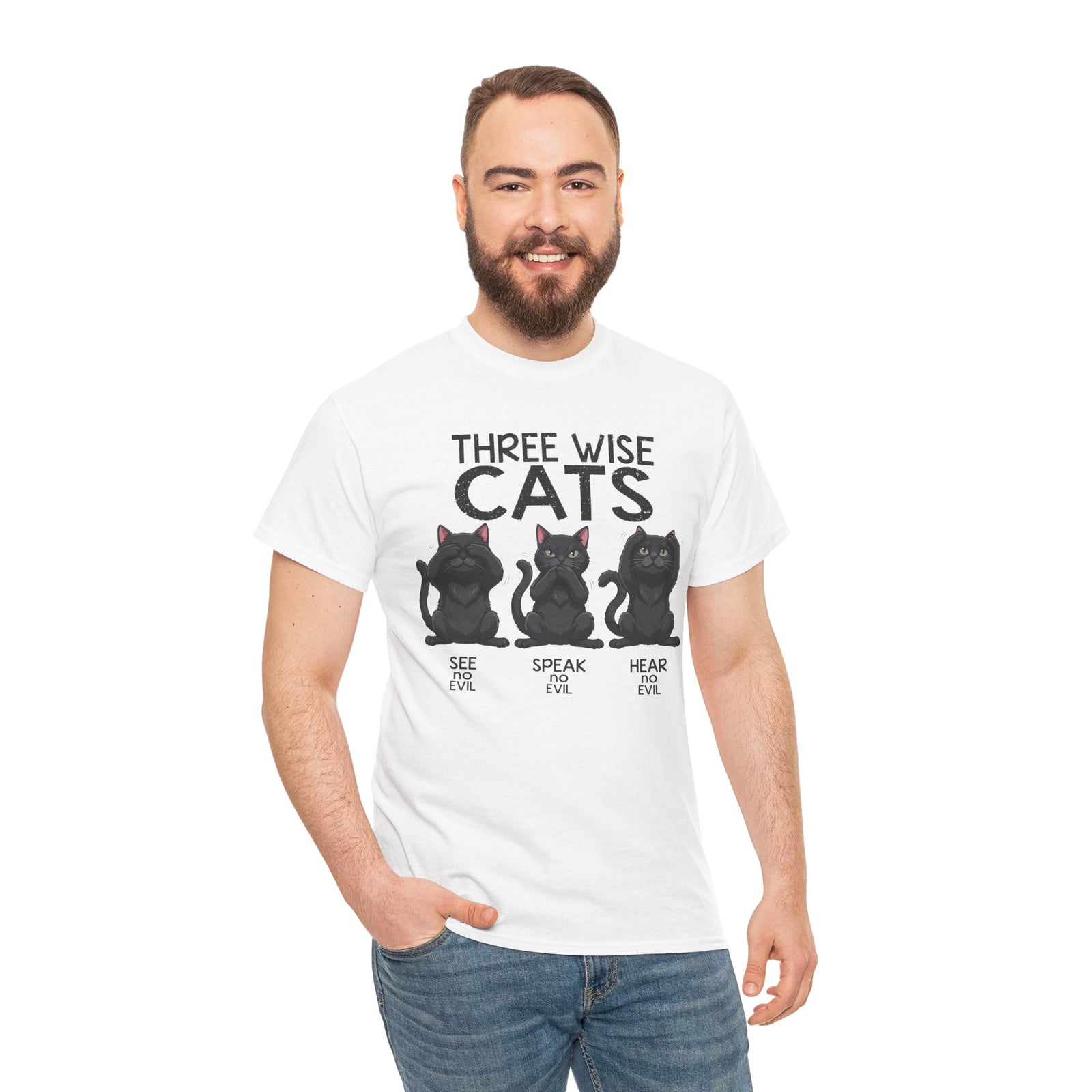 Three Wise Cats T-Shirt — See Speak Hear No Evil Black Cat Graphic