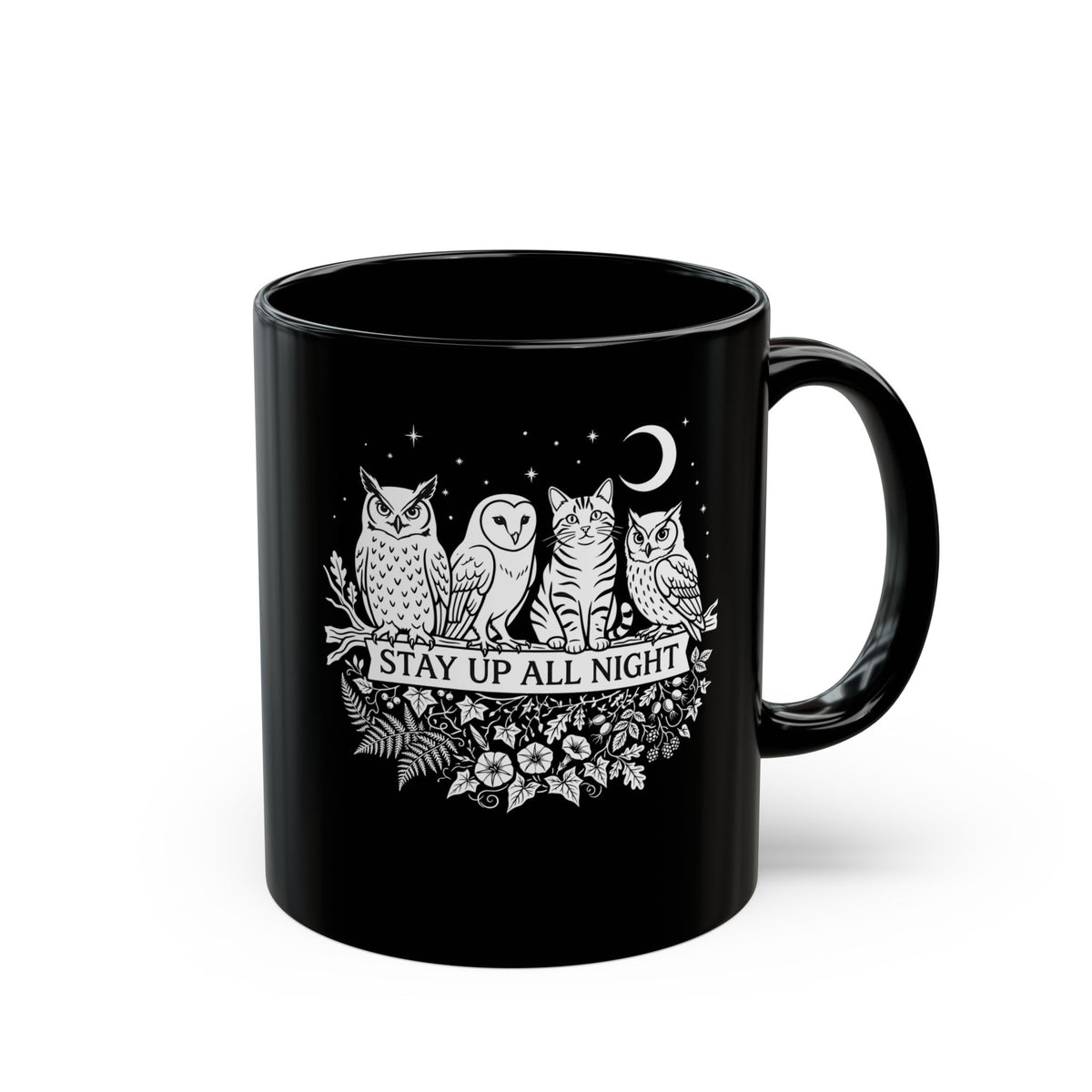 Cat Stays Up All Night Black Mug — Cute Night Owl Cat Mug