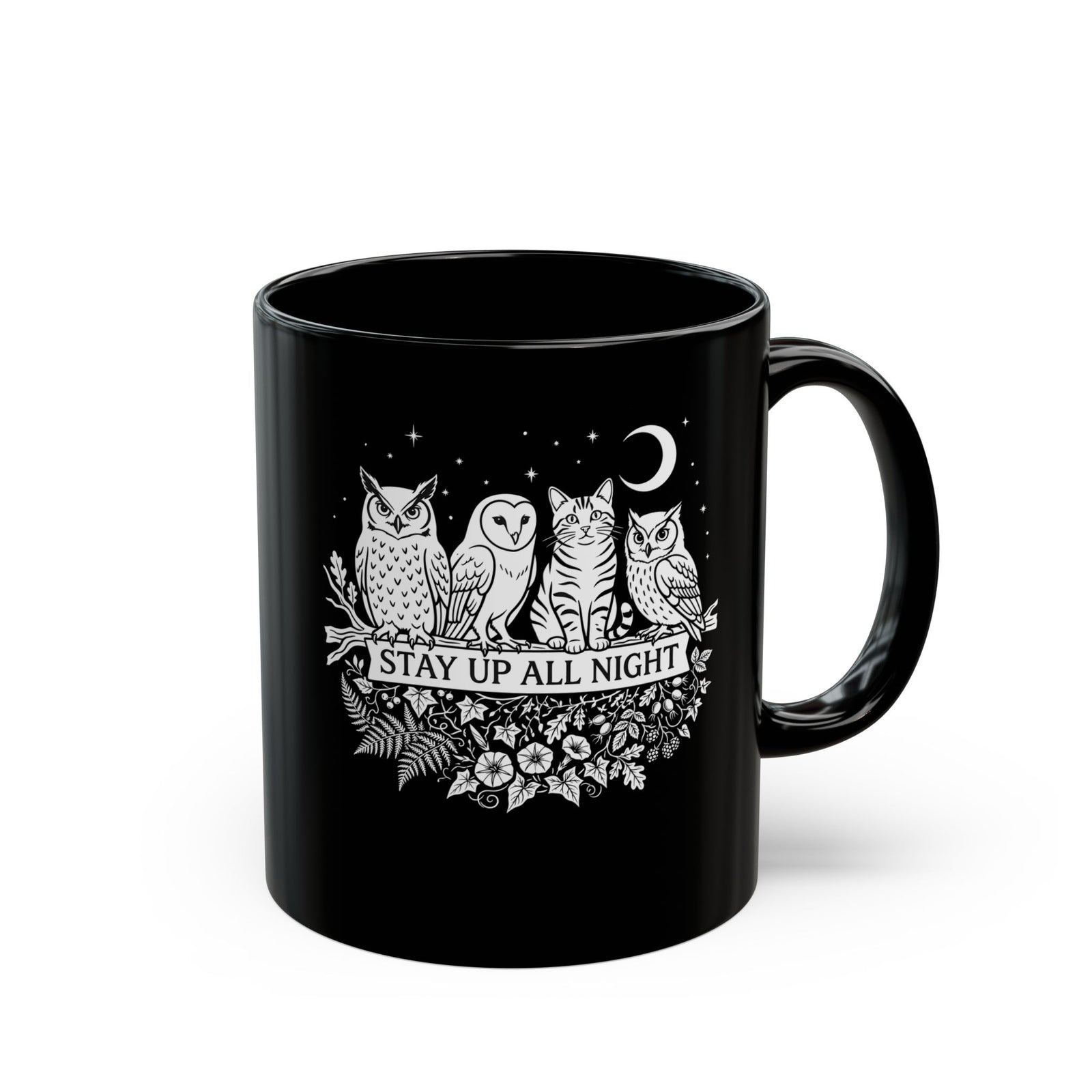 Cat Stays Up All Night Black Mug — Cute Night Owl Cat Mug