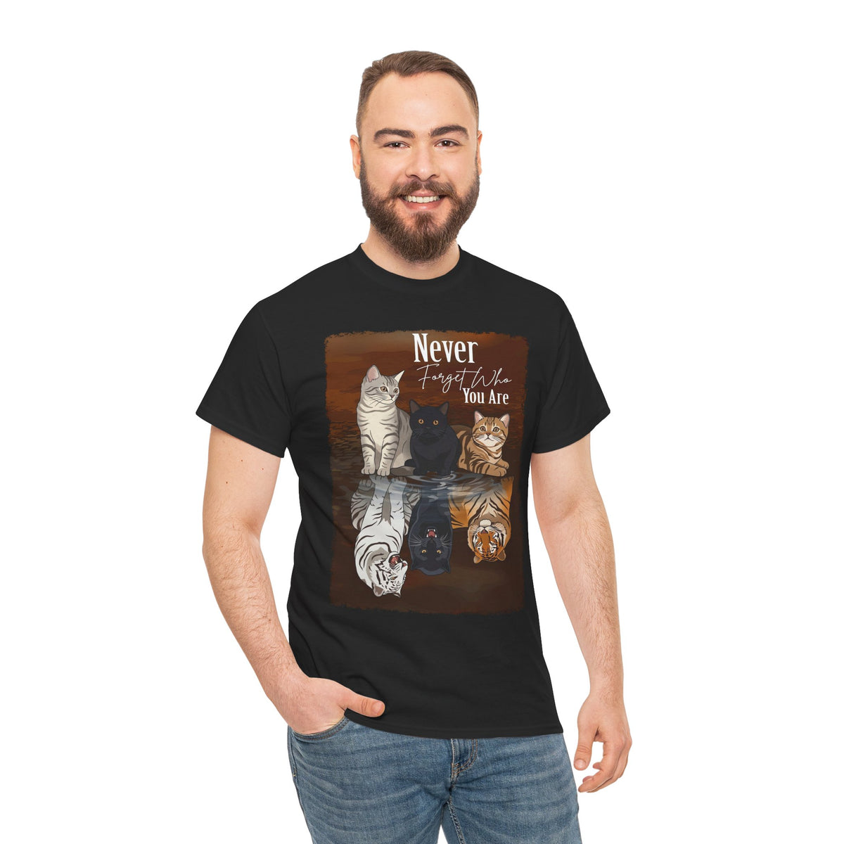 Cat T-Shirt "Never Forget Who You Are" — Reflective Trio Cat Design