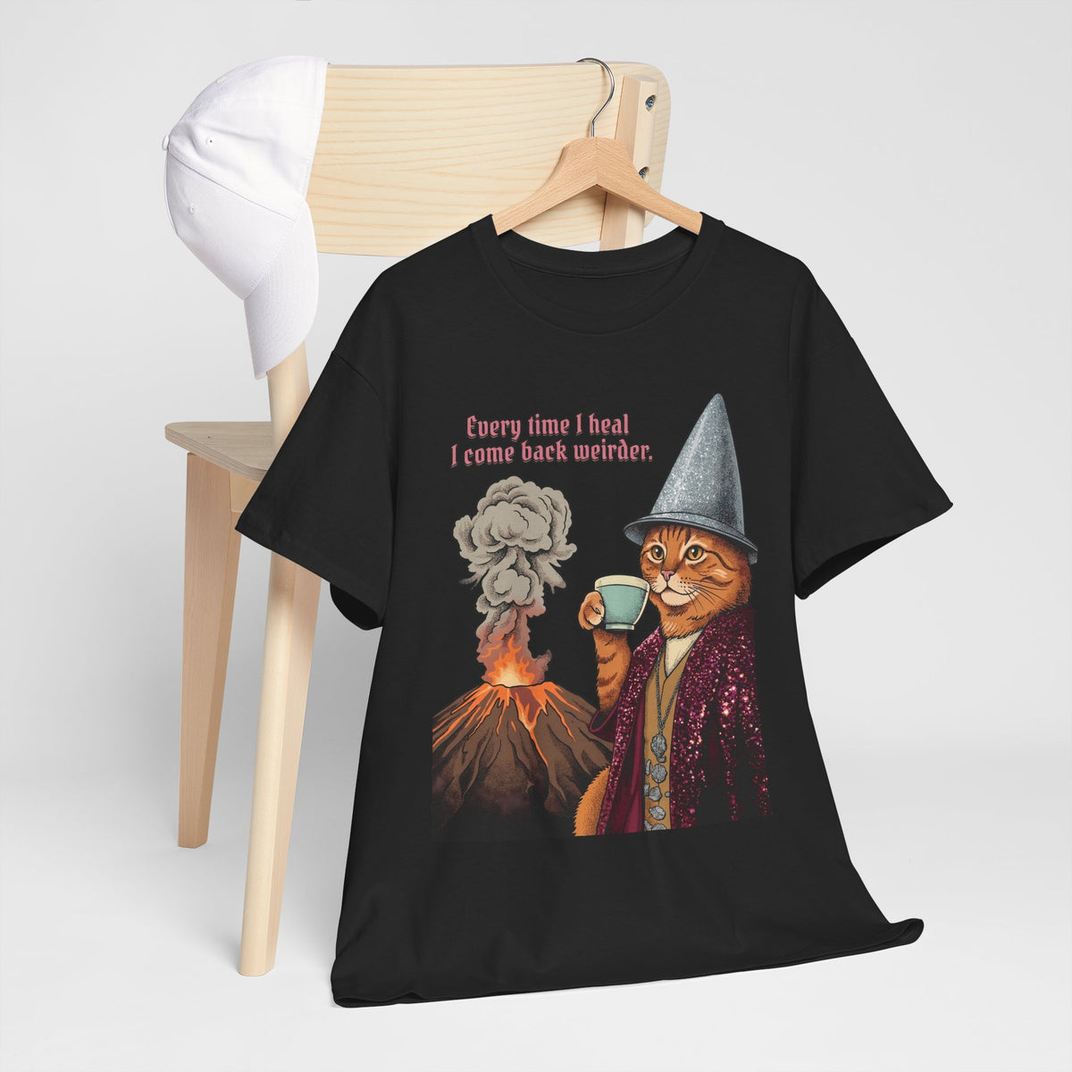 Weird Healing Journey Cat T-Shirt — Retro Feline Tea Time Aesthetic Shirt