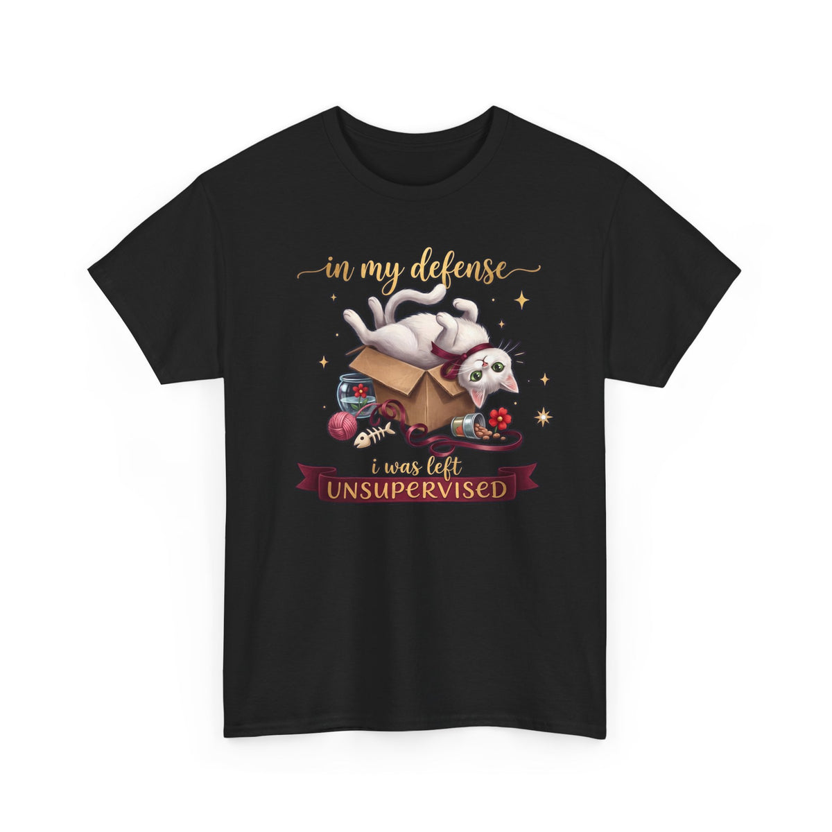 In My Defense I Was Left Unsupervised T-Shirt — Funny Cute White Cat Tee