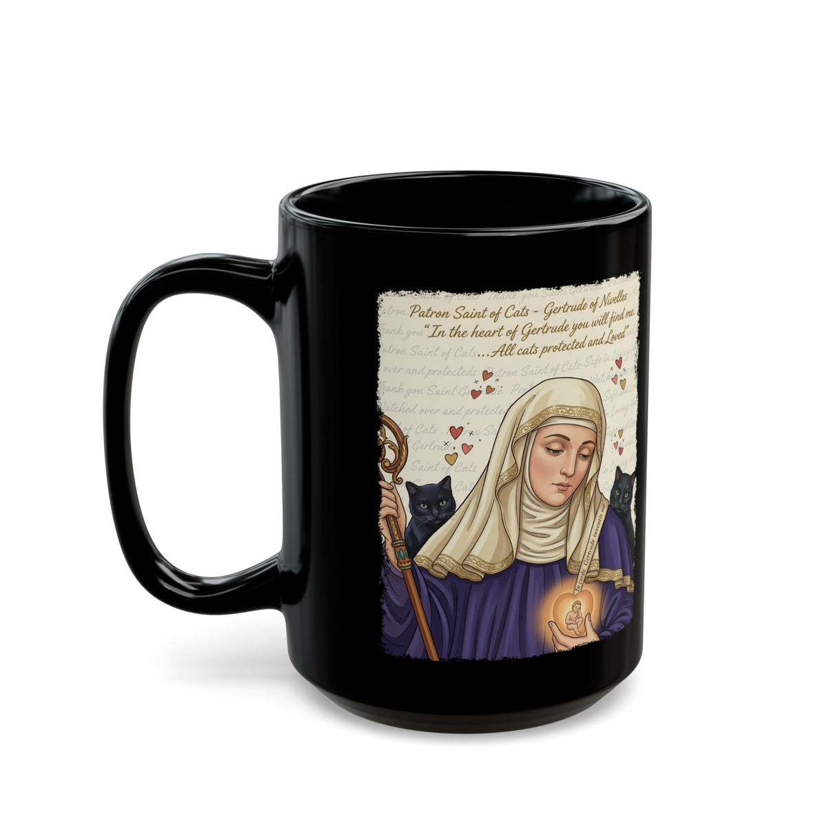 Gertrude of Nivelles "All Cats Protected and Loved" Black Mug