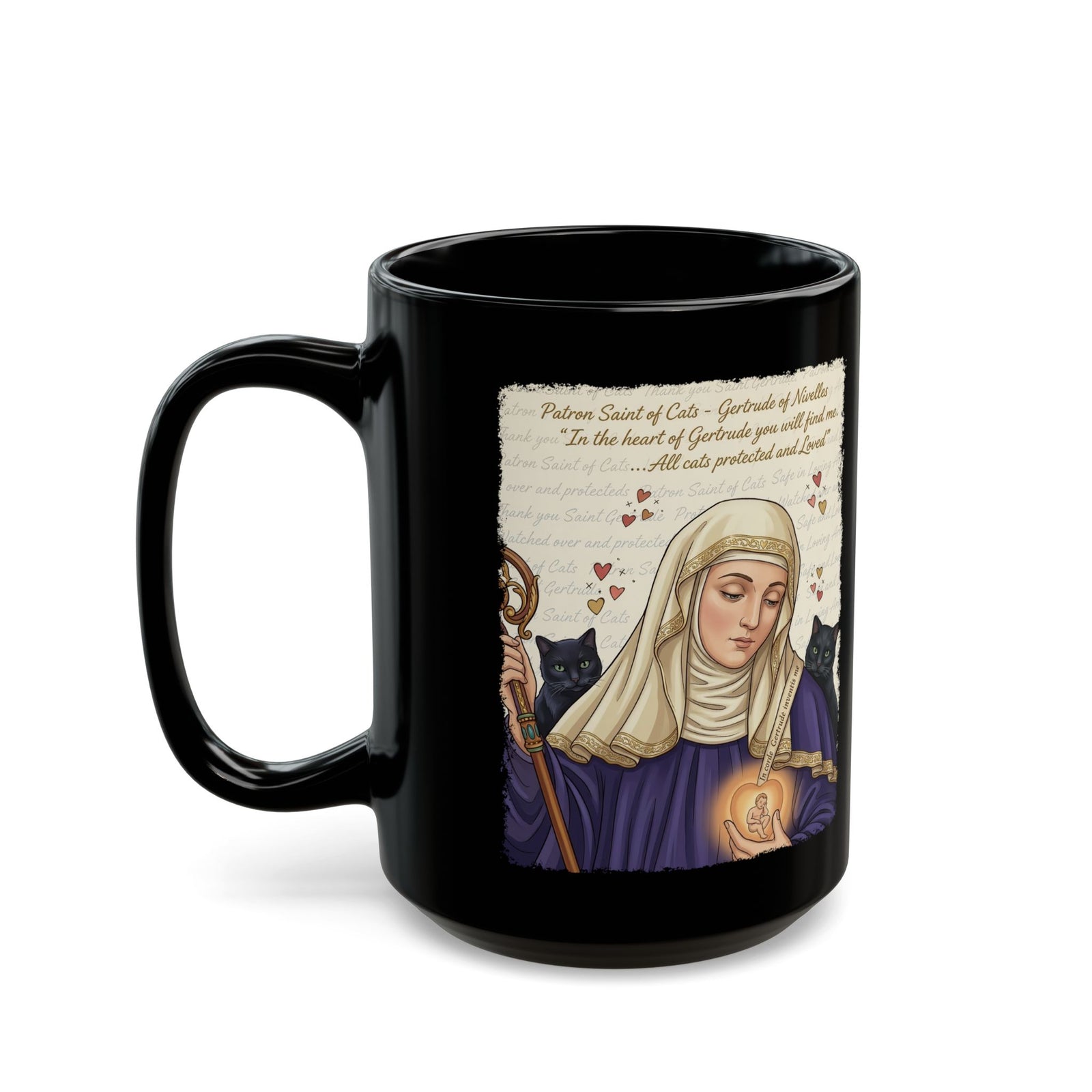 Gertrude of Nivelles "All Cats Protected and Loved" Black Mug