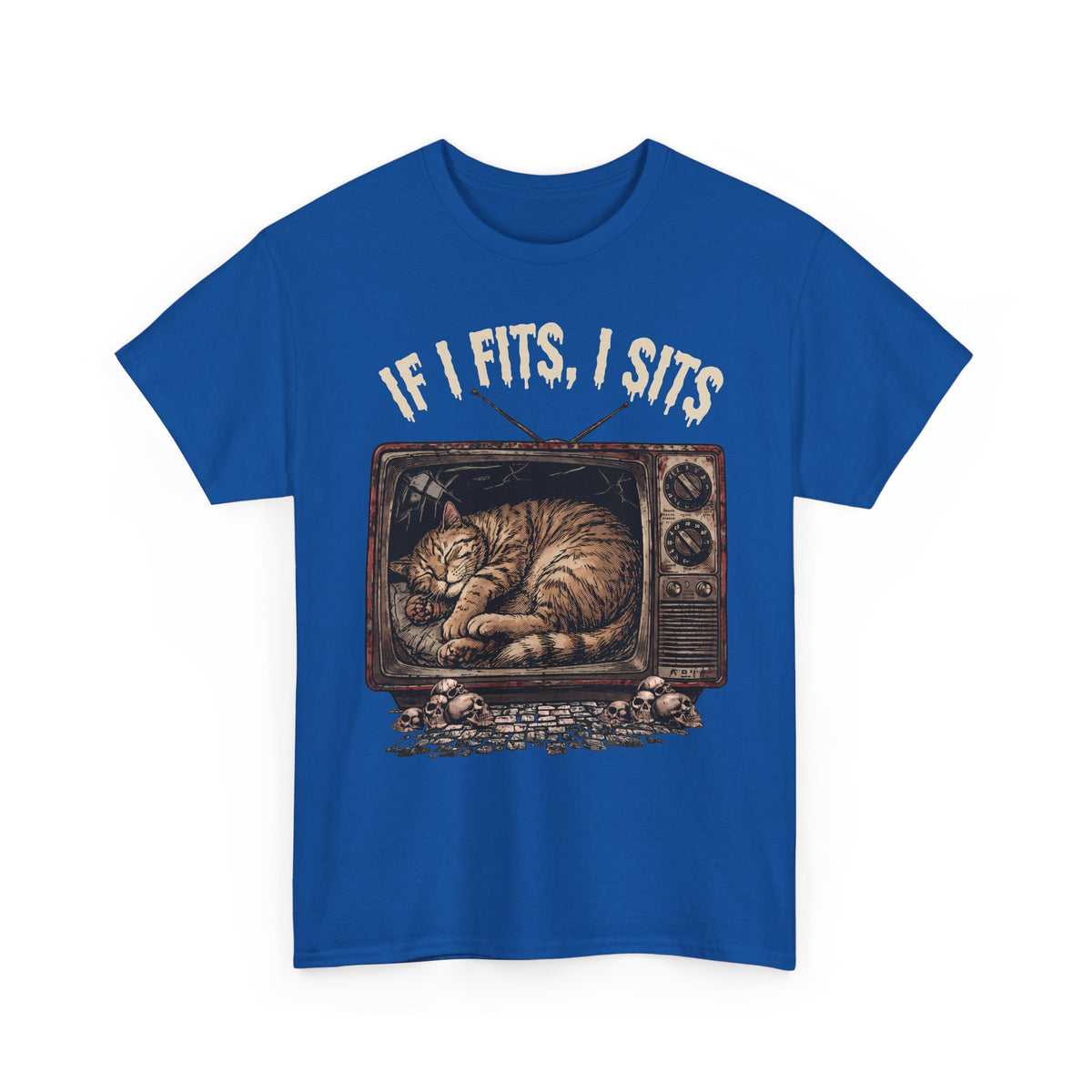If I Fits I Sits Vintage TV Tabby Cat Shirt — Macabre Horror Meme T-Shirt