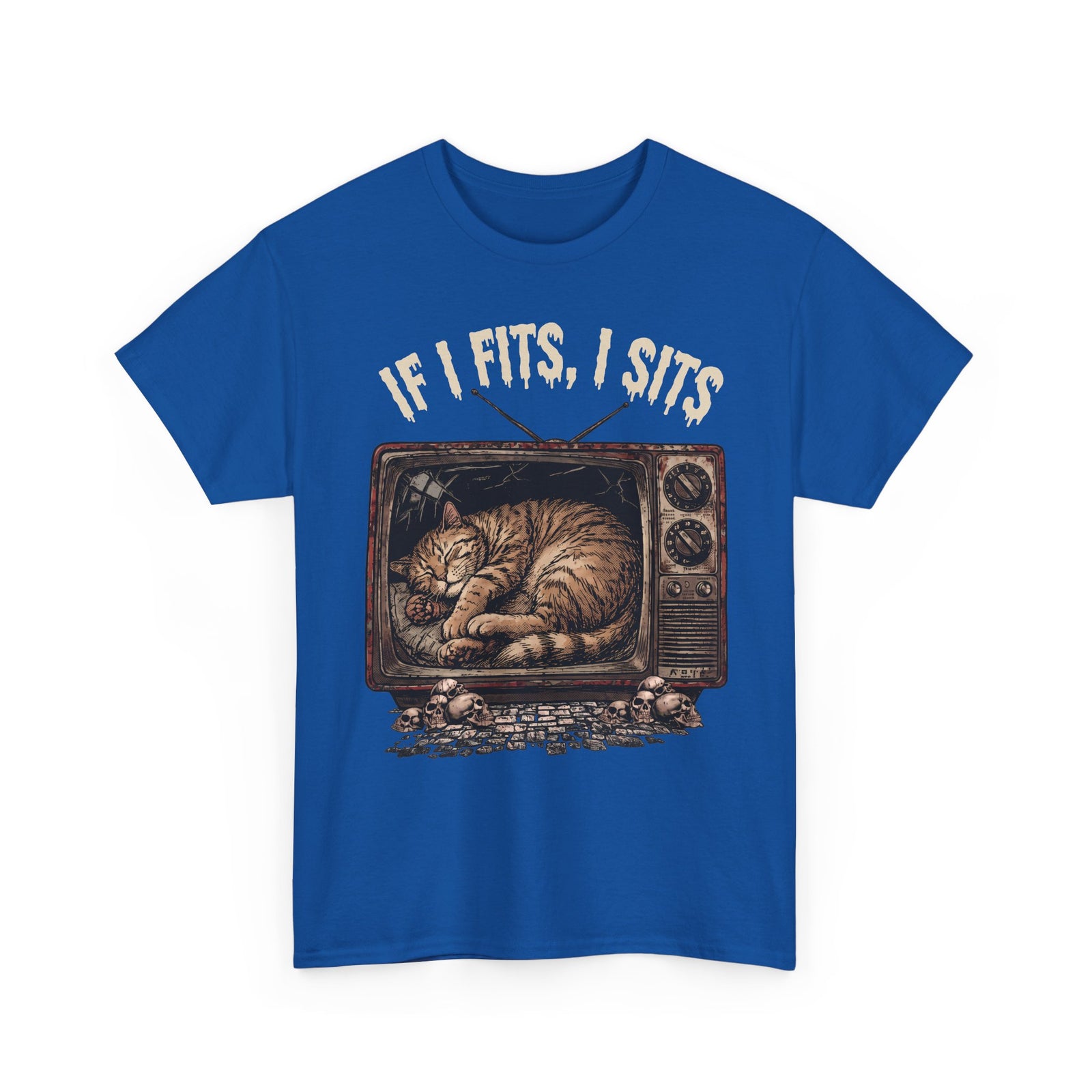 If I Fits I Sits Vintage TV Tabby Cat Shirt — Macabre Horror Meme T-Shirt