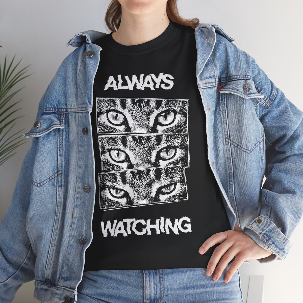 Always Watching Cat T-Shirt — Funny Grunge Black and White Feline Eyes Tee