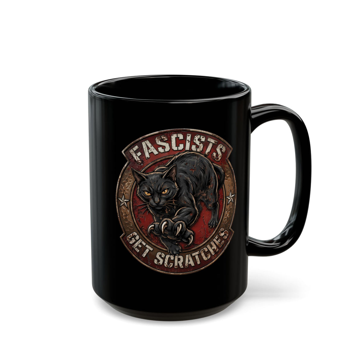 Fascists Get Scratches Black Mug — Funny Anti-Fascist Black Cat Mug