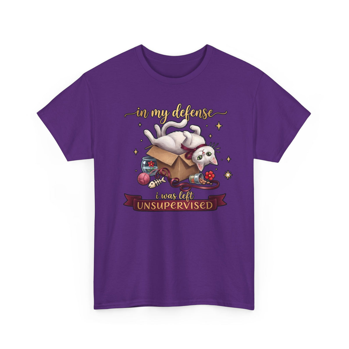 In My Defense I Was Left Unsupervised T-Shirt — Funny Cute White Cat Tee