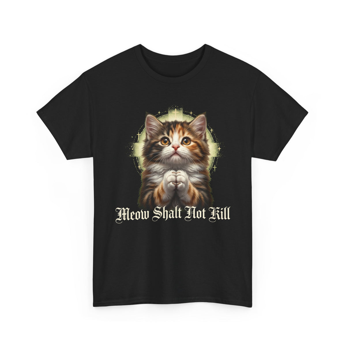 Praying Kitten T‑Shirt — "Meow Shalt Not Kill" Cute Vintage Cat Tee