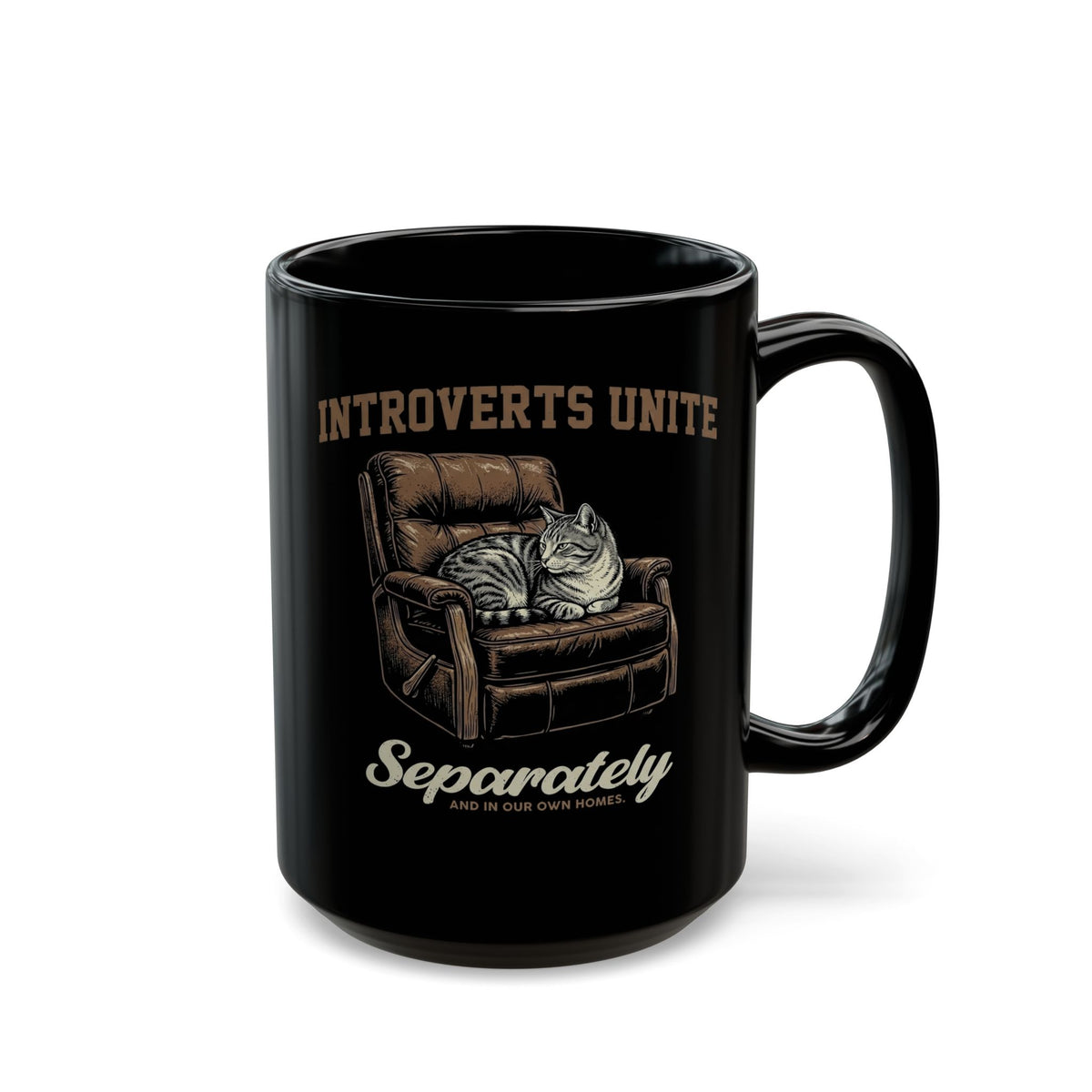 Introverts Unite Cat Black Mug — Funny Cat Graphic Mug for Introverts