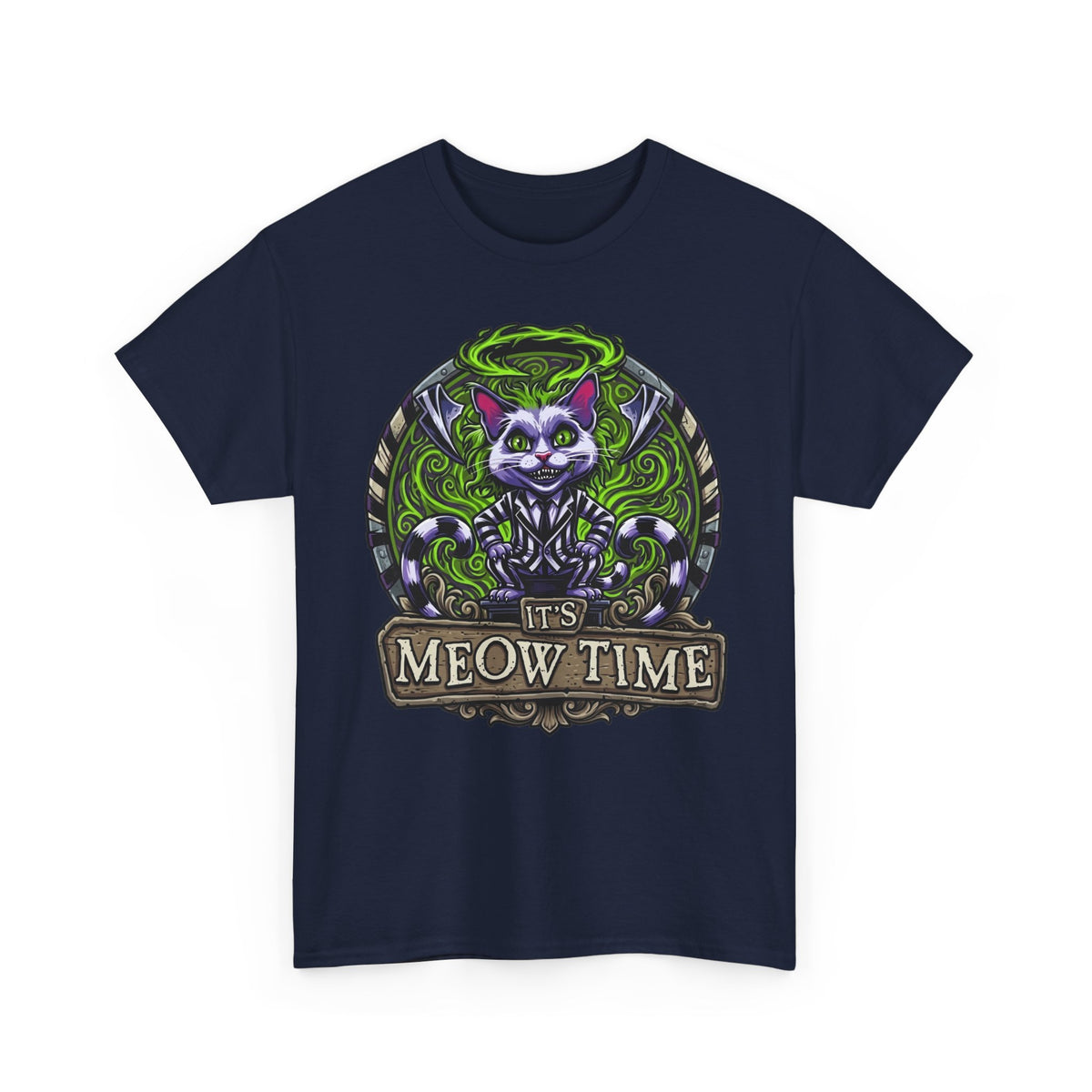 It's Meow Time Cat T‑Shirt — Gothic Neon Halloween Cat Graphic Tee