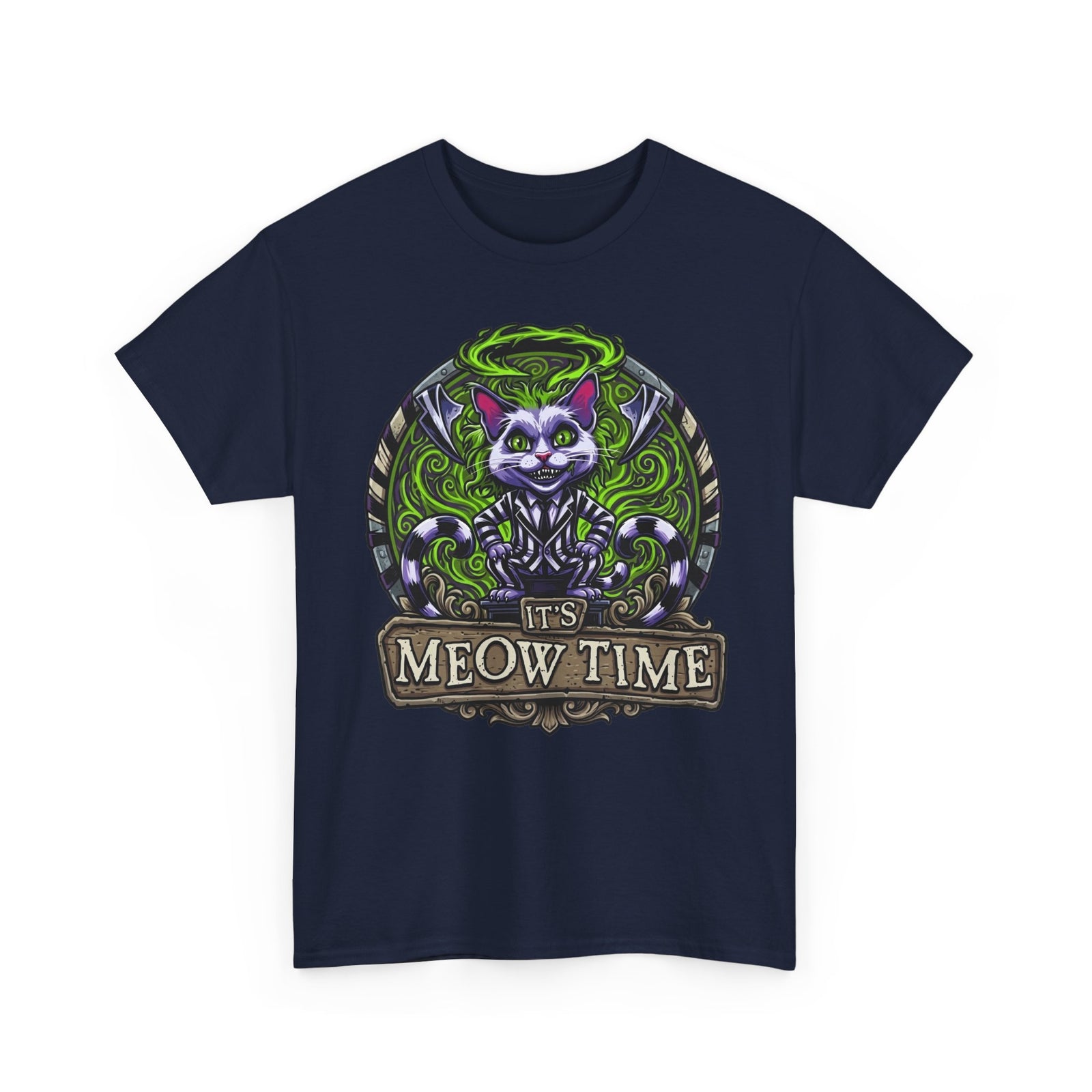 It's Meow Time Cat T‑Shirt — Gothic Neon Halloween Cat Graphic Tee