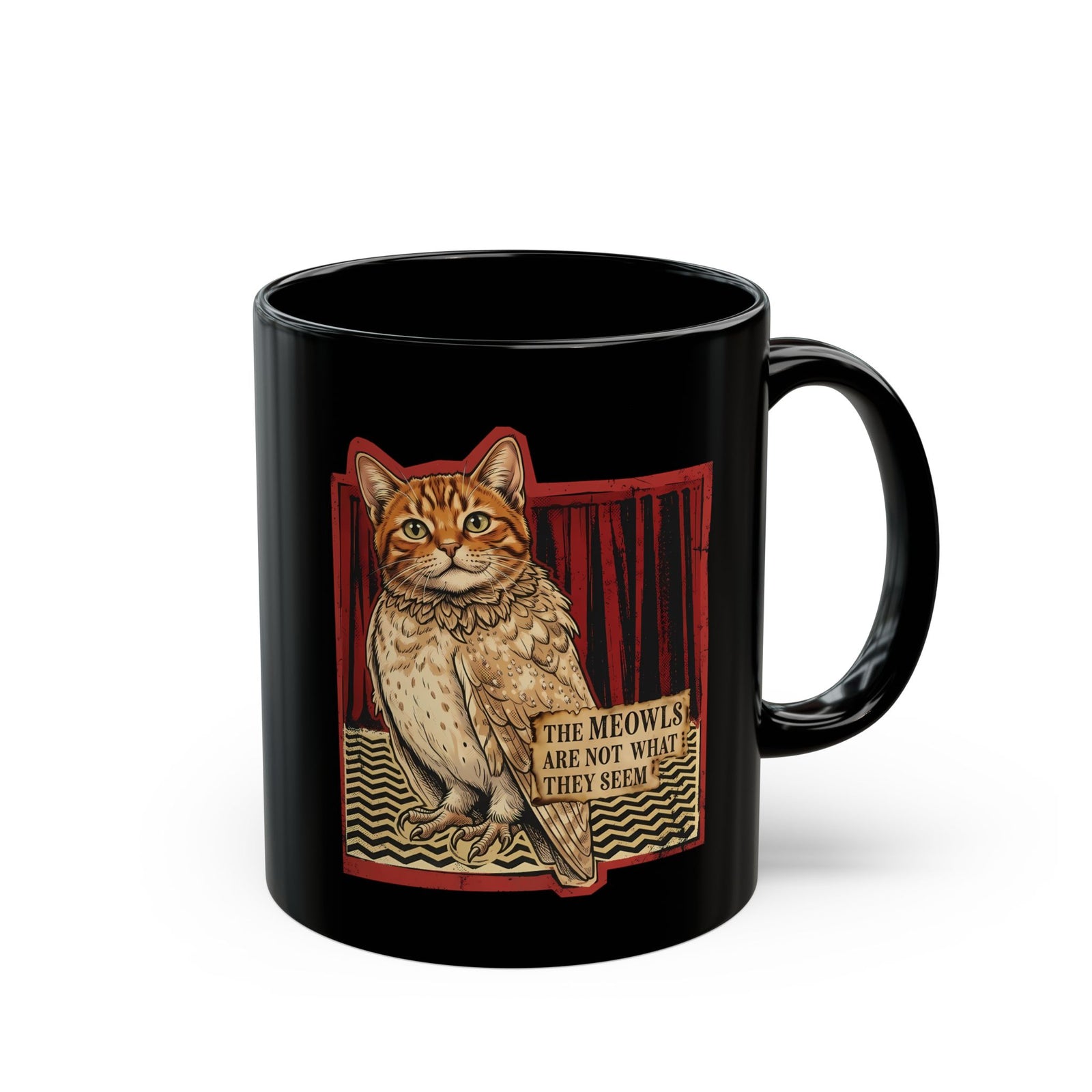 Meowls Are Not What They Seem Black Mug — Mysterious Cat Quote Mug