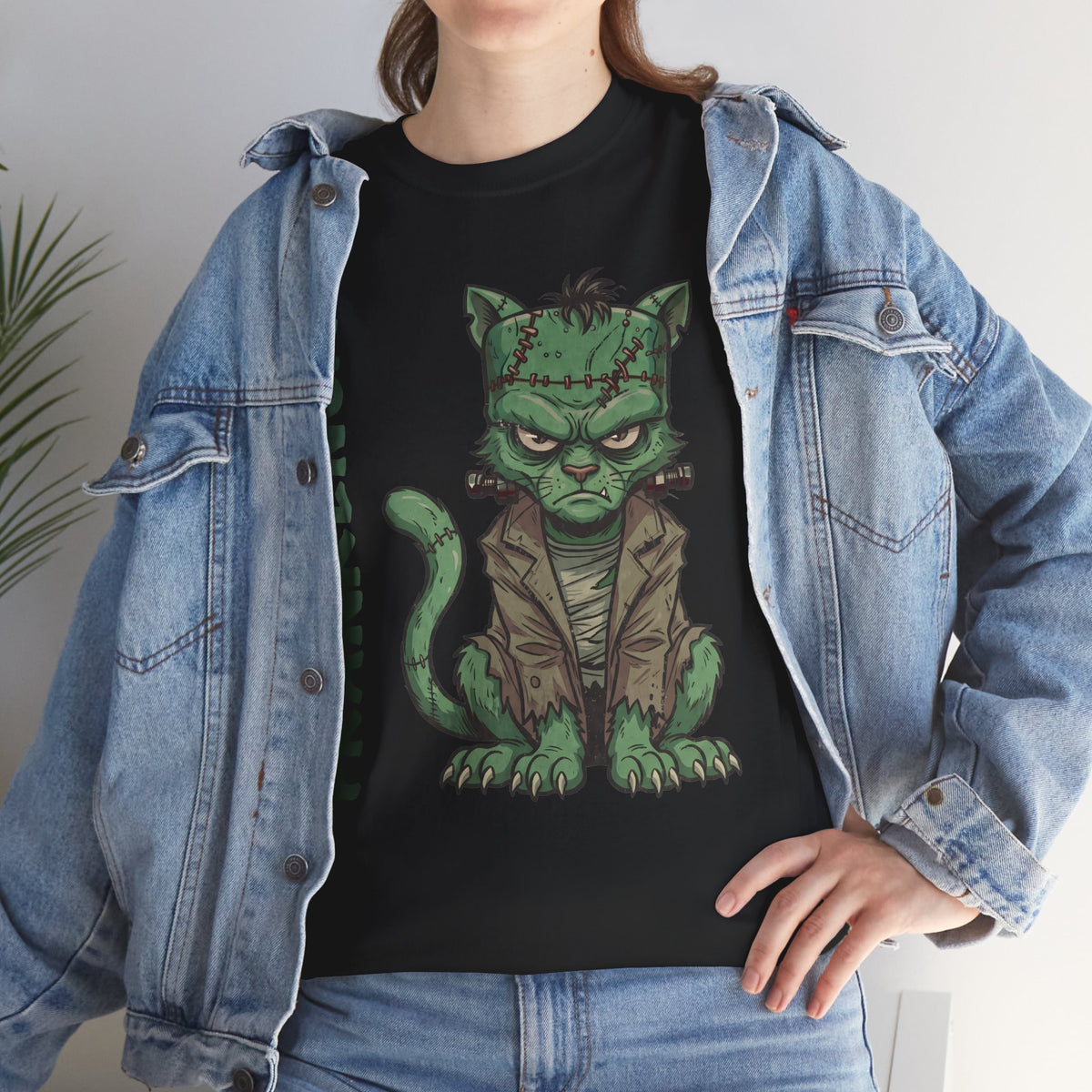 Funny Frankencat Halloween T-Shirt — Green Monster Cat Graphic Apparel