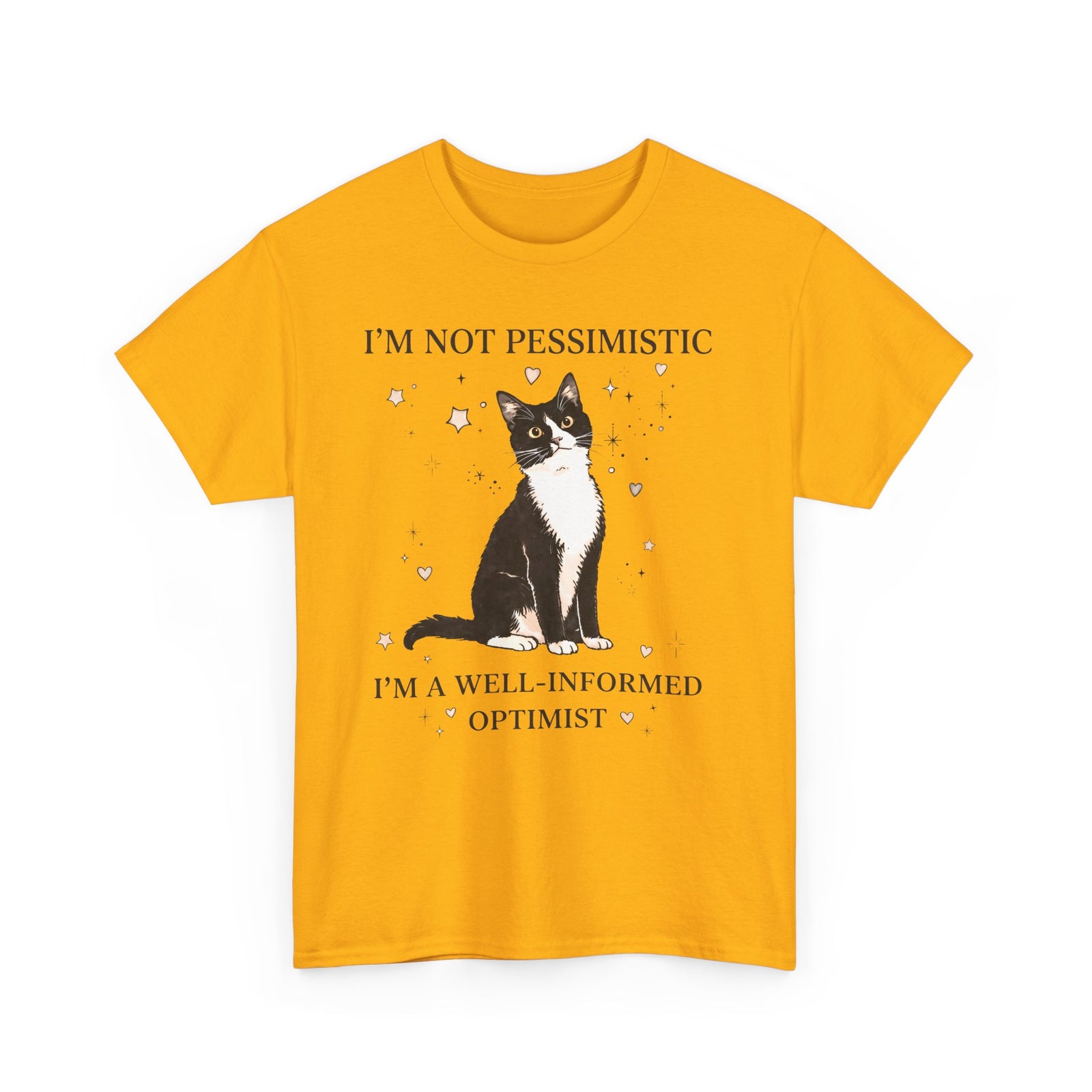 Well-Informed Optimist Tuxedo Cat T-Shirt — Funny Sarcastic Feline Graphic Tee