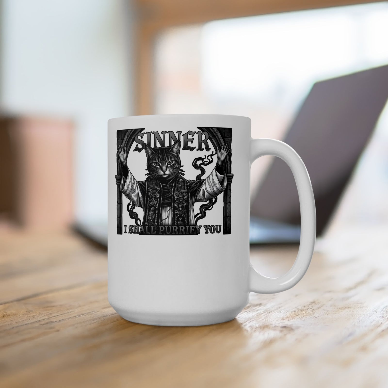 Sinner Shall I Purrify You Cat Mug — 'Purriest' Funny Gothic Cat Mug