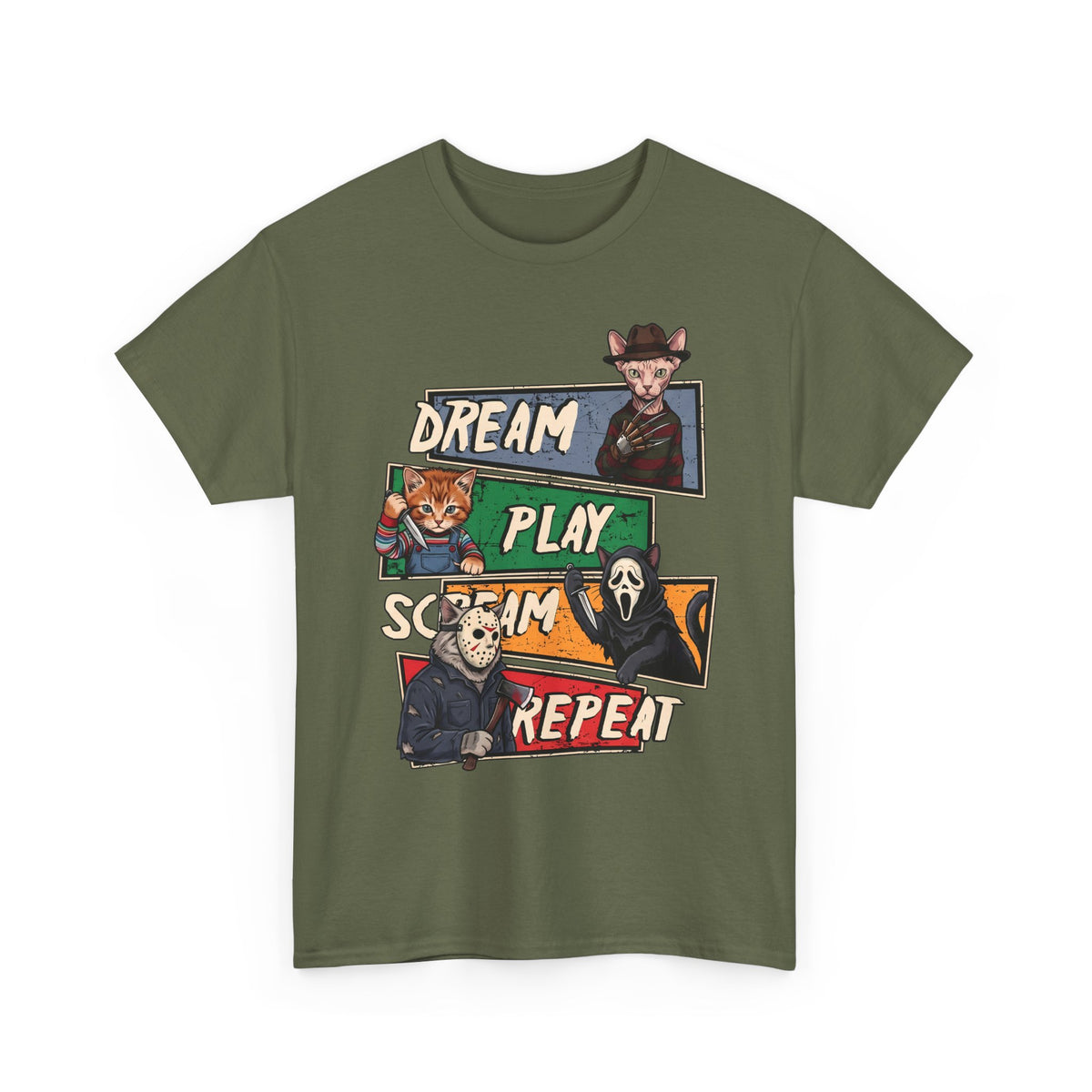 Dream Play Scream Repeat Horror Cats T-Shirt — Slasher Movie Icons Tee