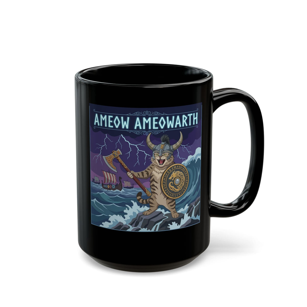 Ameow Ameowarth Cat Viking Black Mug — Funny Viking Cat Graphic Mug