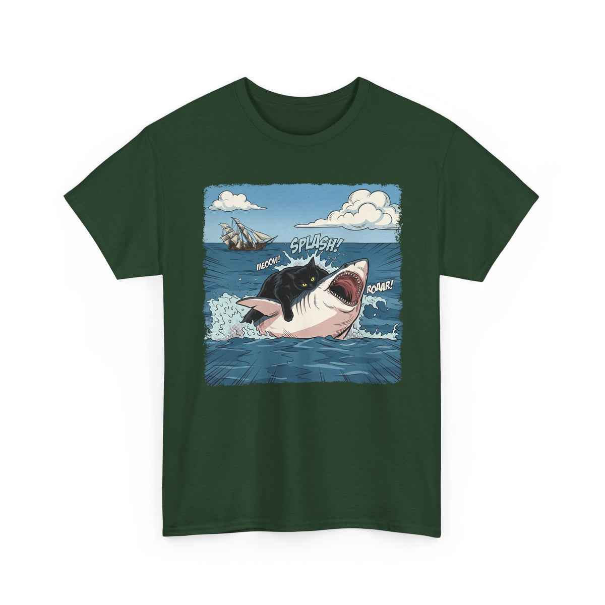 Black Cat Vs White Shark T-Shirt — Funny Comic Book Ocean Battle Tee
