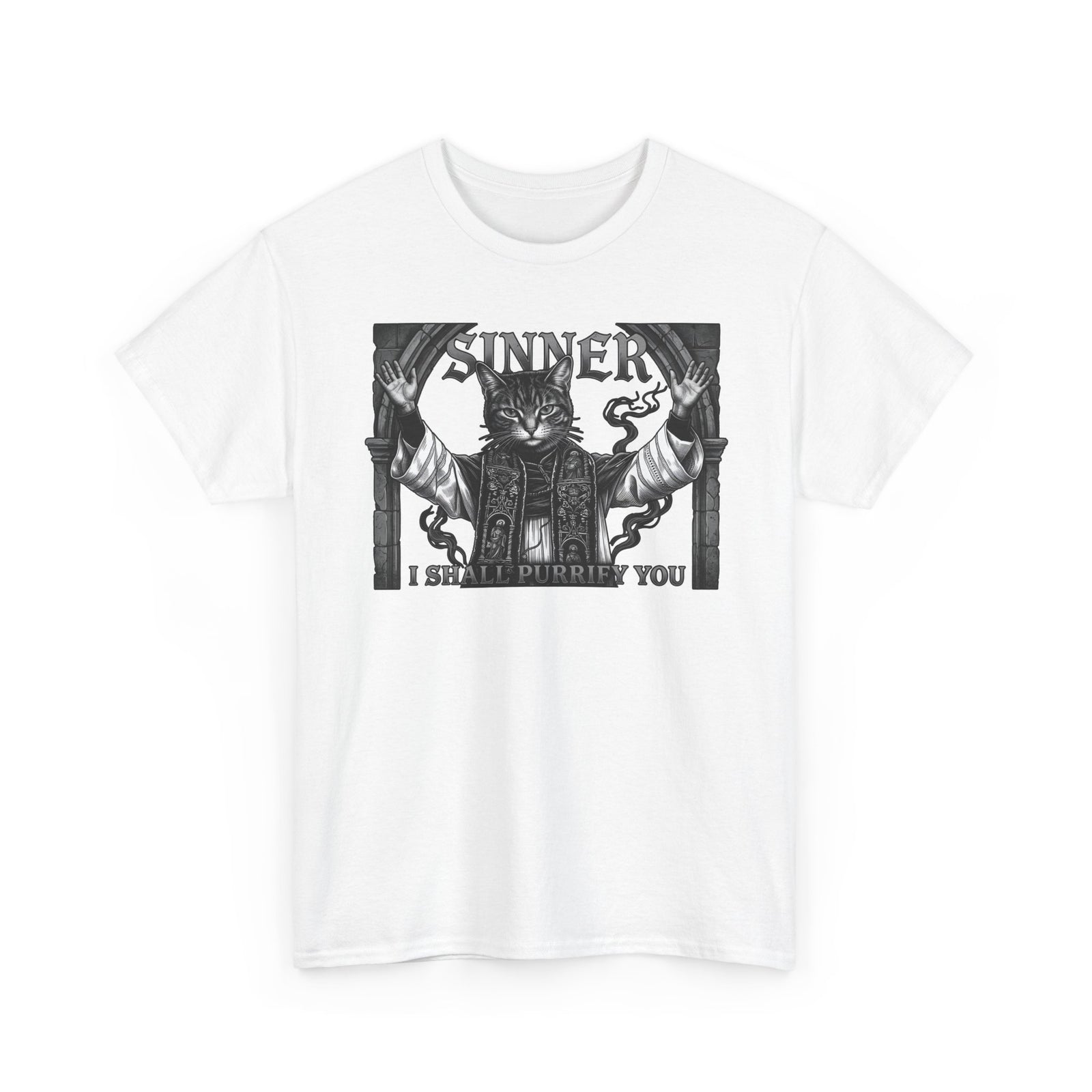 Sinner Shall I Purrify You Cat Tee — 'Purriest' Funny Gothic Cat Shirt