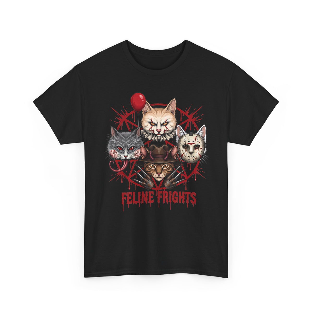 Funny Feline Frights T-Shirt — Slasher Movie Icons Cat Parody Apparel
