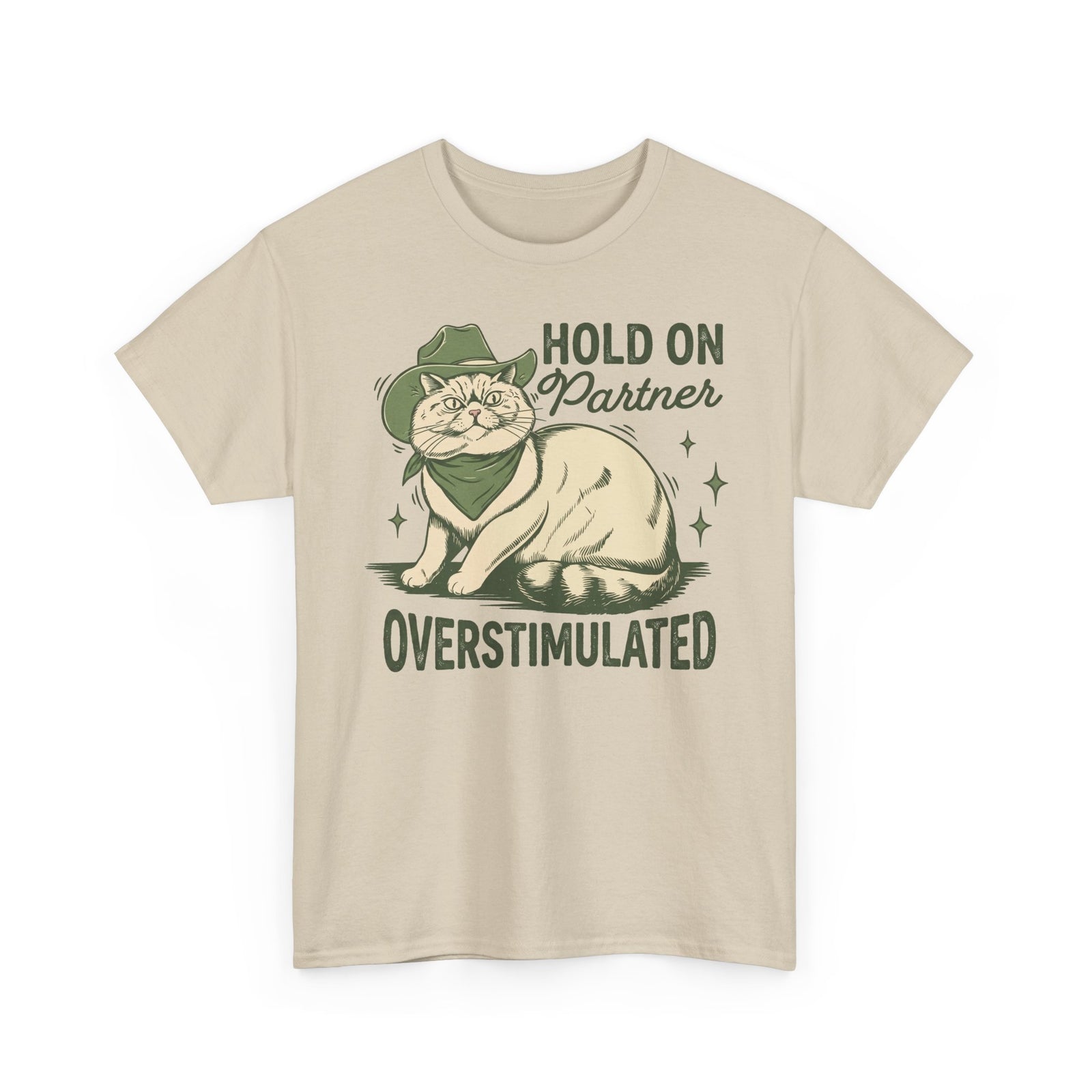 Hold On Partner Overstimulated Cat Tee — Funny Cowgirl Cat Graphic T-Shirt