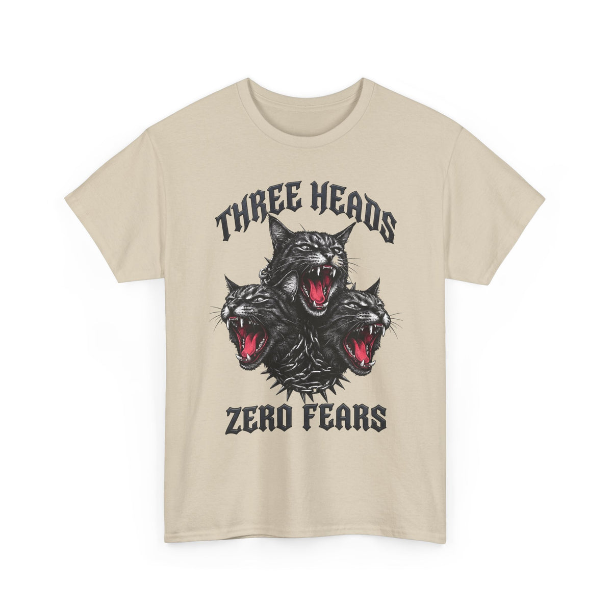 Three Heads Zero Fears Cerberus Cat Shirt — Gothic Metal Feline T-Shirt