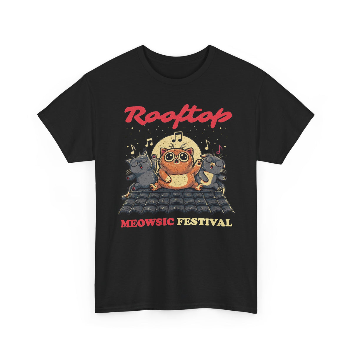 Rooftop Meowgic Festival Tee — Cute Cat Concert Graphic T-Shirt