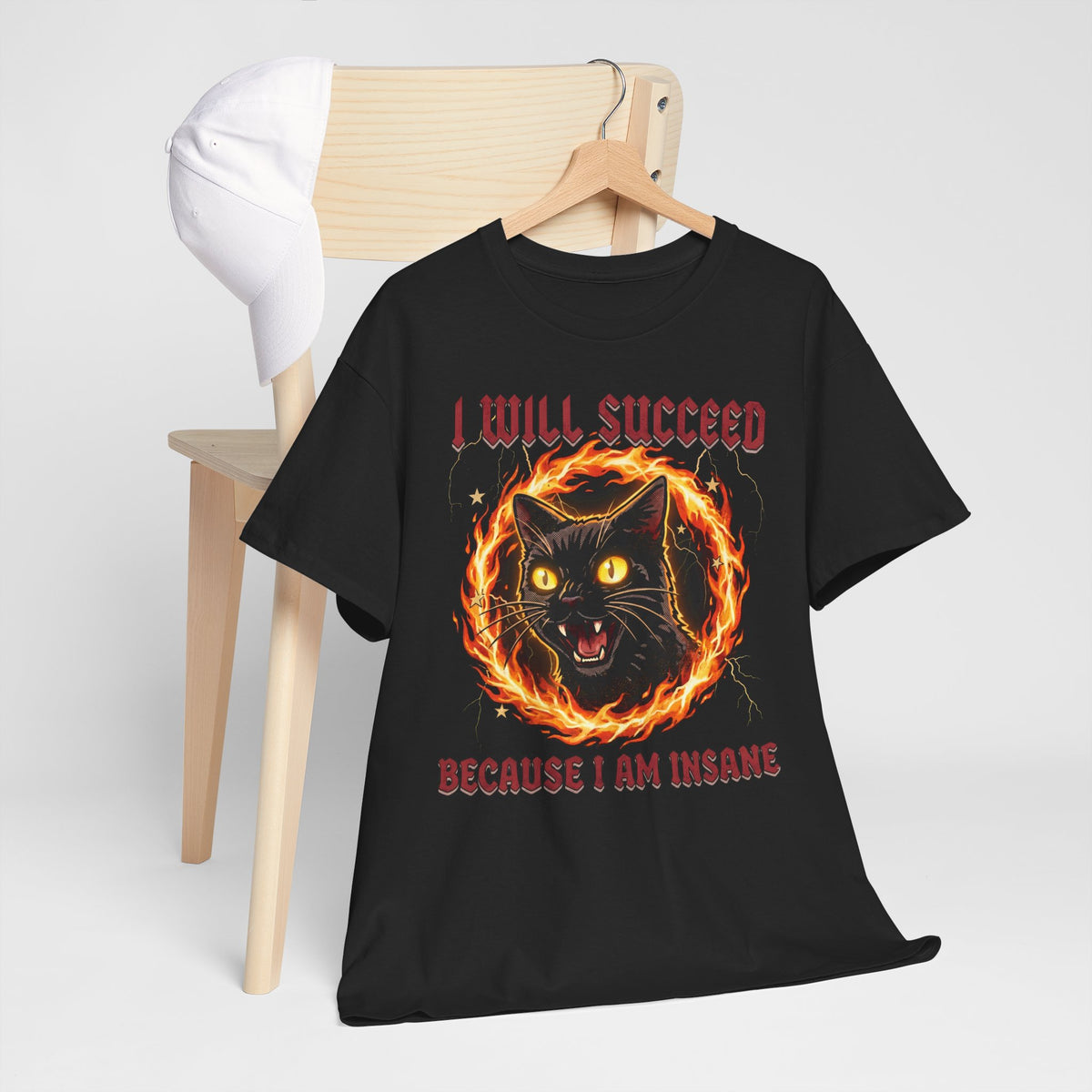 I Will Succeed Because I Am Insane T-Shirt — Heavy Metal Black Cat Graphic Tee